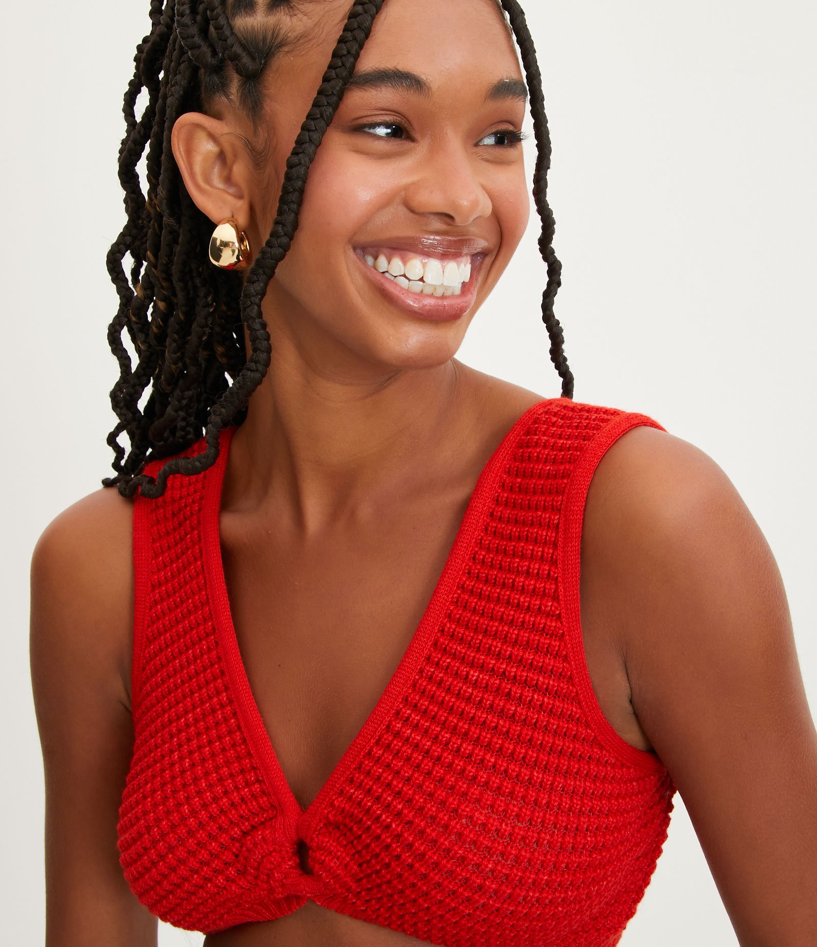 Top de Alça Larga em Tricô Vazado com Argola no Busto Vermelho 4