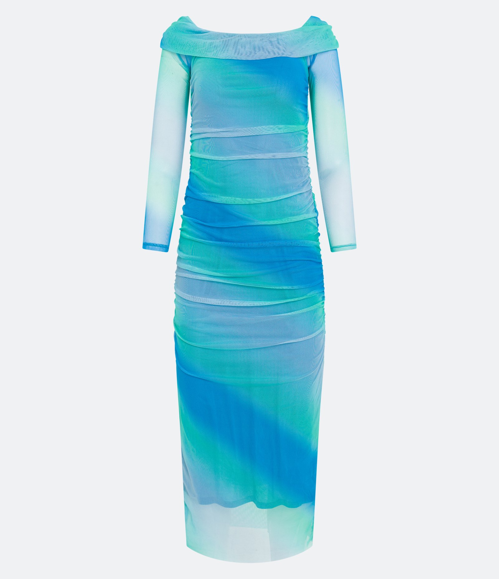 Vestido Longo Ombro a Ombro em Tule Degradê com Franzidos Azul Degradê 5