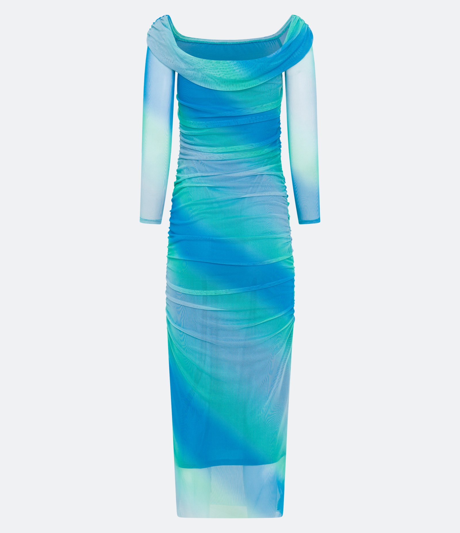 Vestido Longo Ombro a Ombro em Tule Degradê com Franzidos Azul Degradê 6