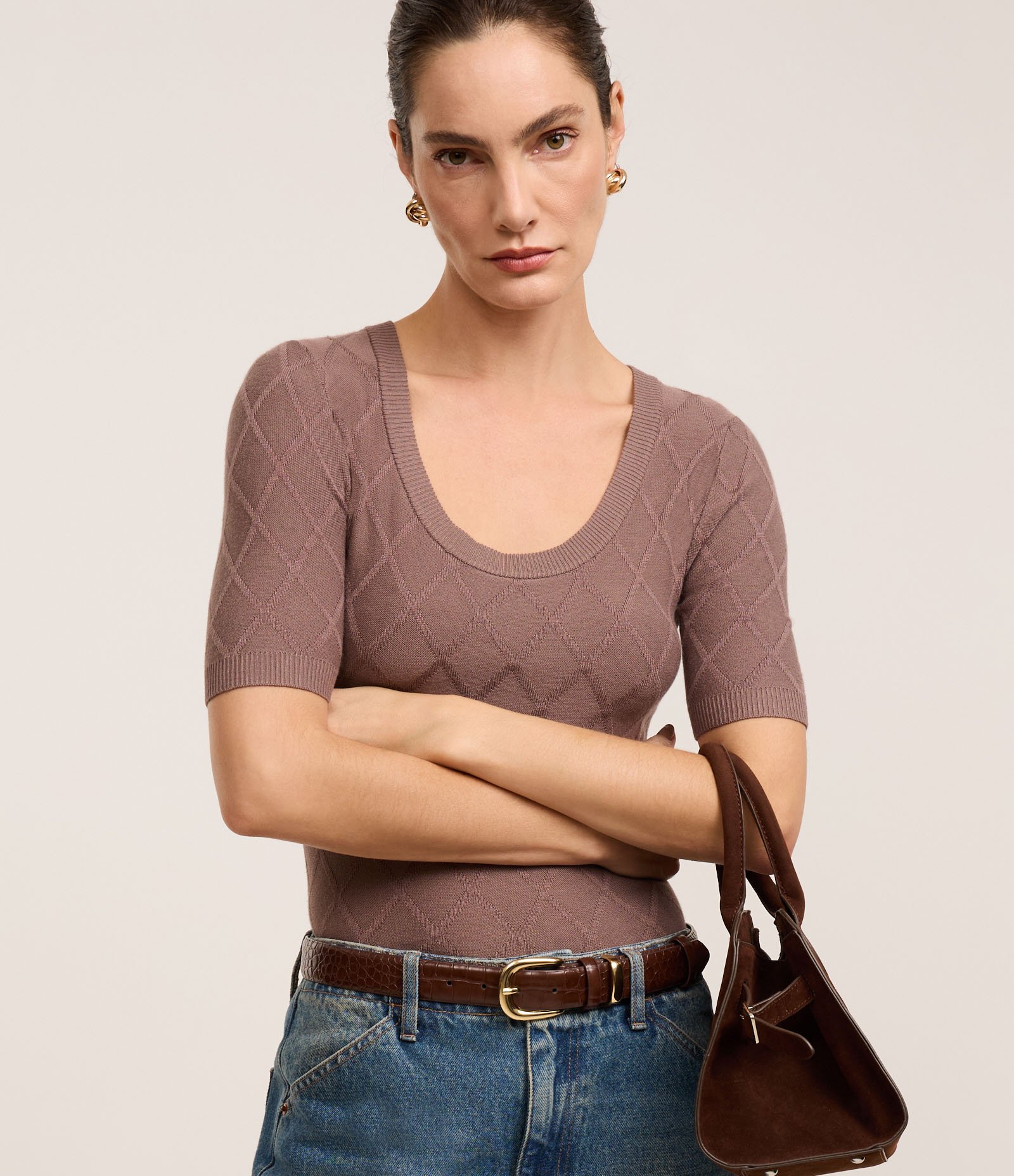 Blusa em Tricô com Losangos em Textura Marrom 1