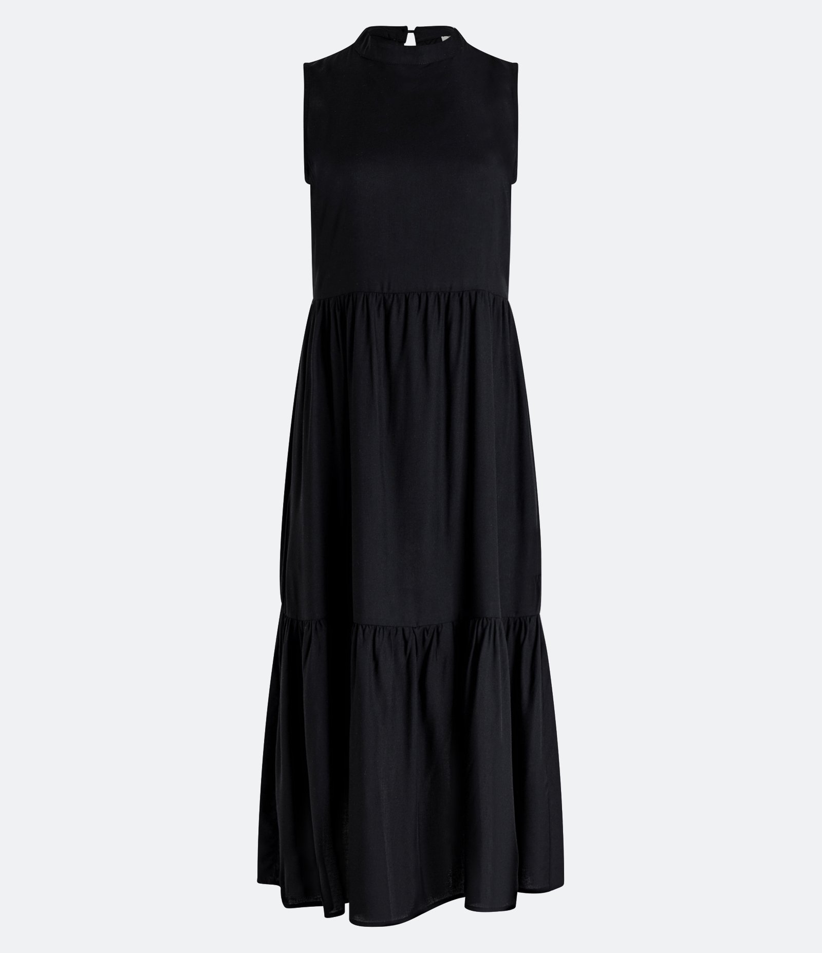Vestido Midi Sem Manga em Viscose com Recortes Franzidos Preto 1