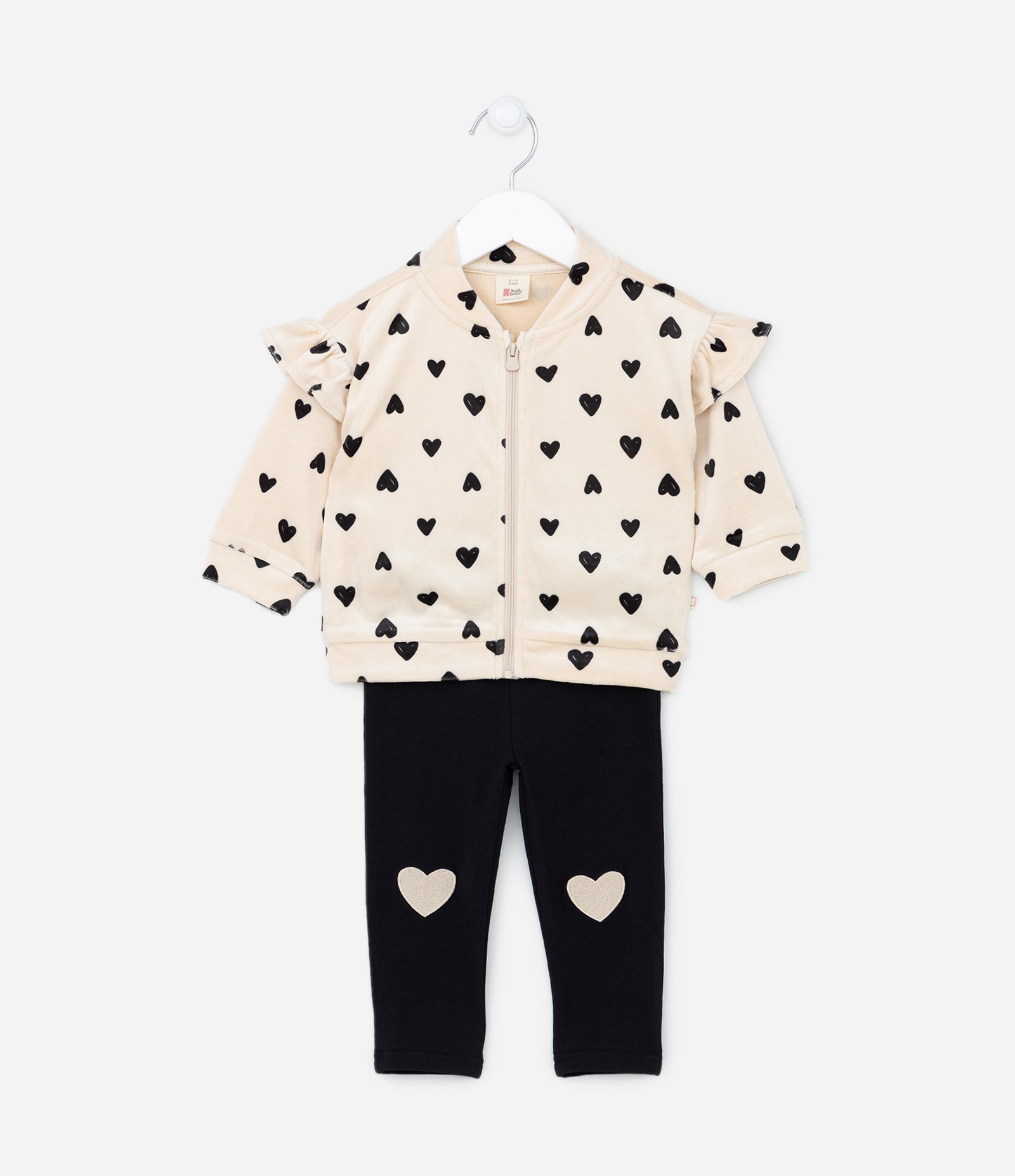 Conjunto Longo Infantil em Plush com Estampa de Corações - Tam 0 a 18 meses Bege 1