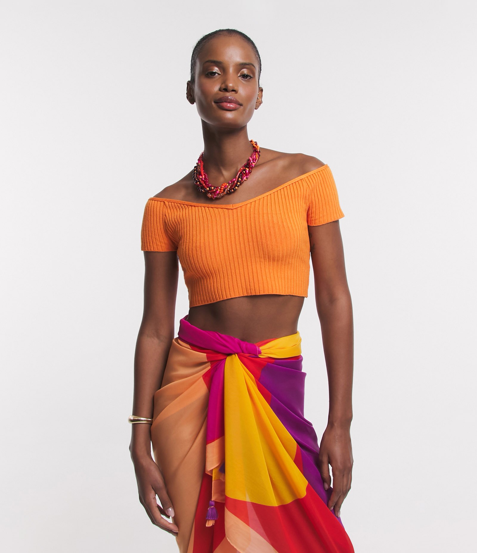 Blusa Cropped em Tricô com Decote Ombro a Ombro Laranja 1