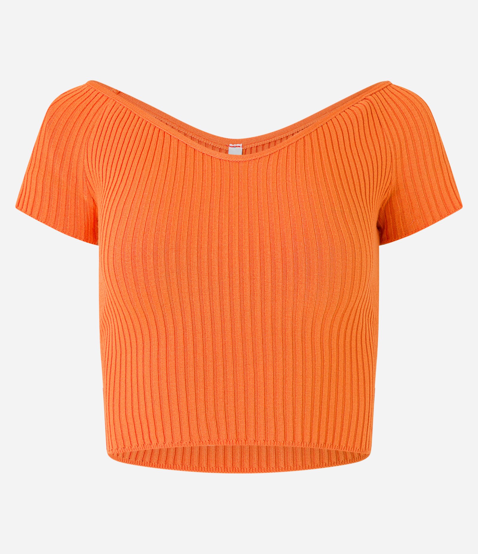 Blusa Cropped em Tricô com Decote Ombro a Ombro Laranja 7