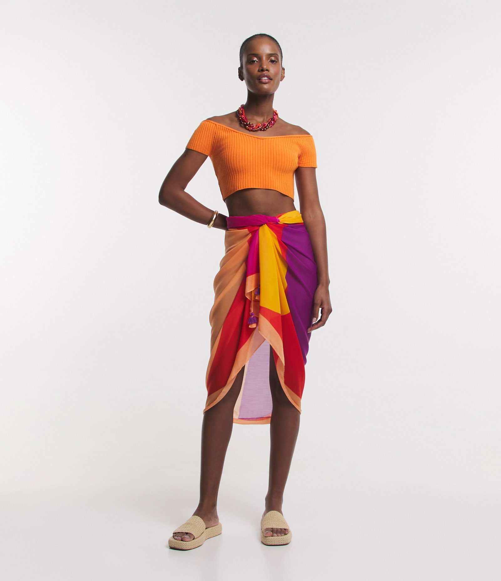 Blusa Cropped em Tricô com Decote Ombro a Ombro Laranja 2