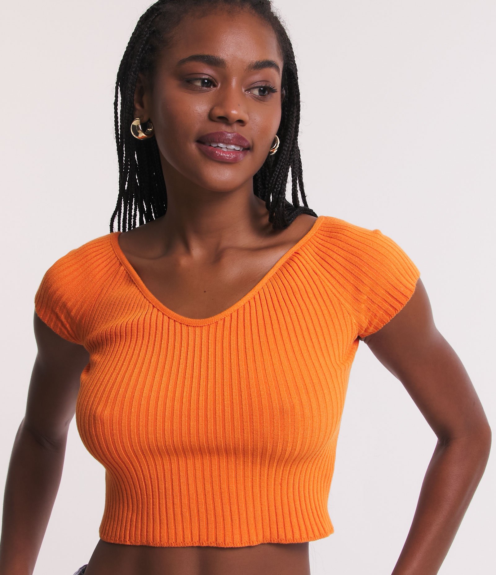 Blusa Cropped em Tricô com Decote Ombro a Ombro Laranja 6