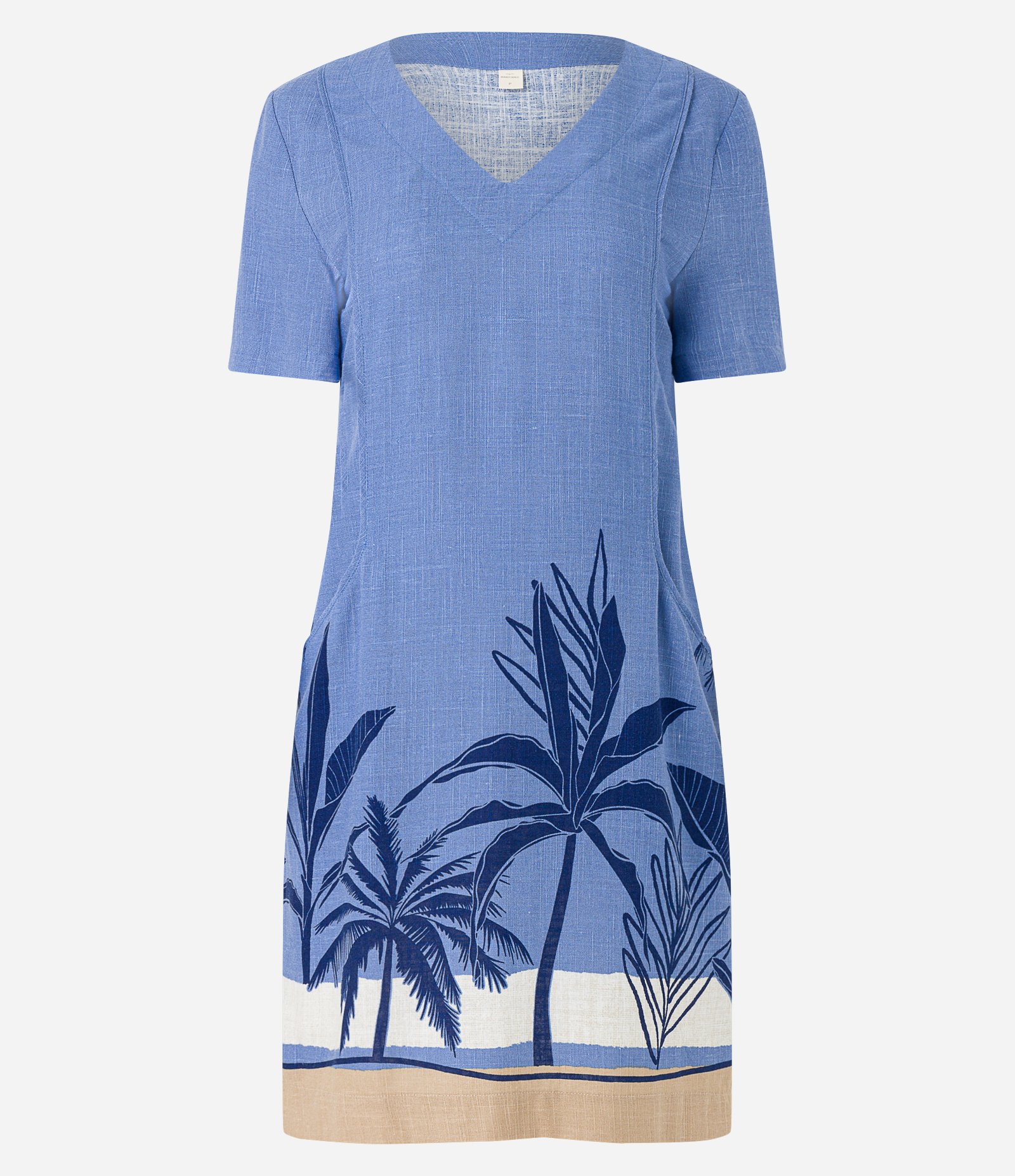 Vestido em Viscolinho com Manga Curta e Estampa Coqueiros Azul 1