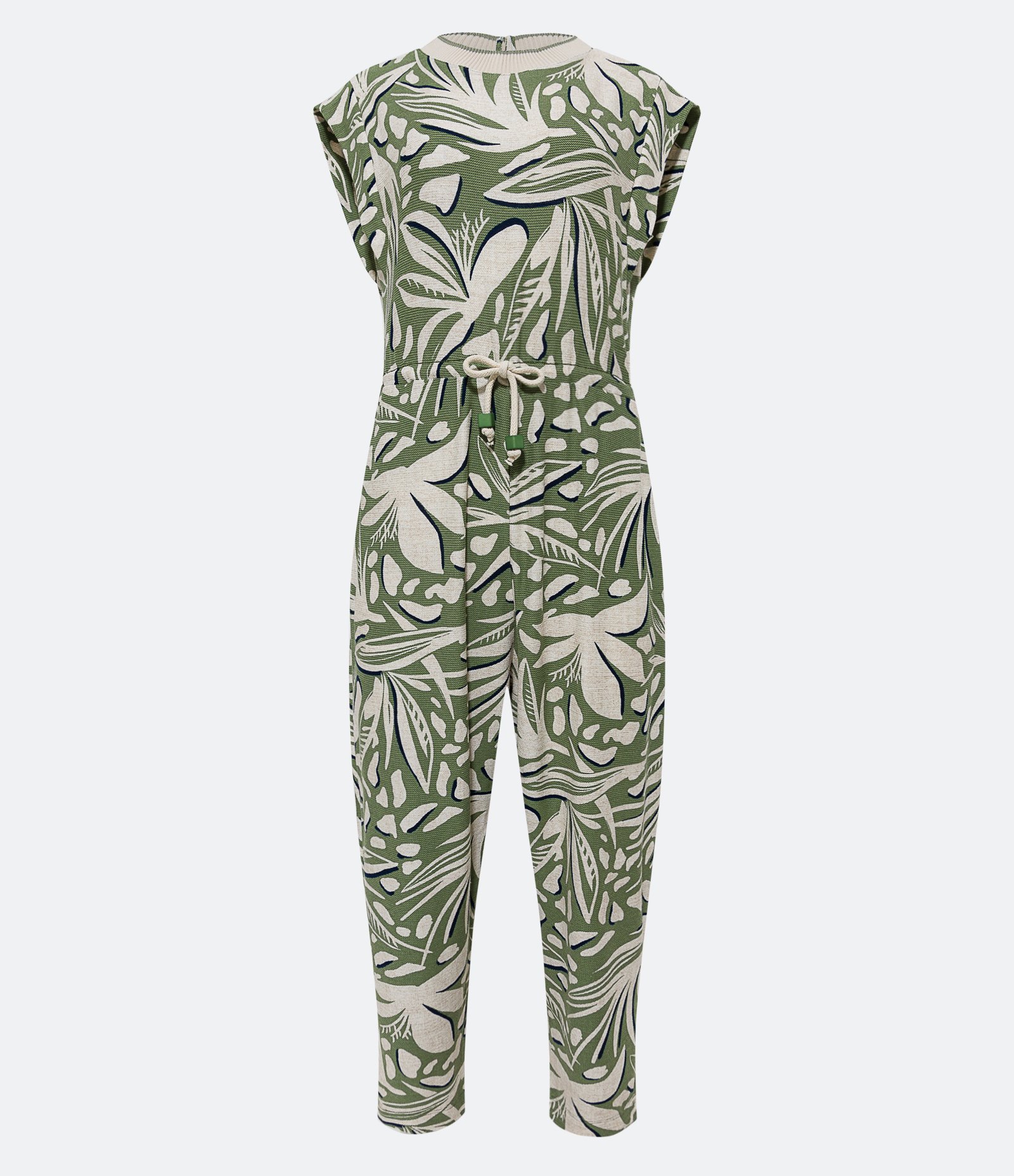 Macacão Jogger Sem Manga em Viscose com Folhagens Estampadas Verde/Bege 1