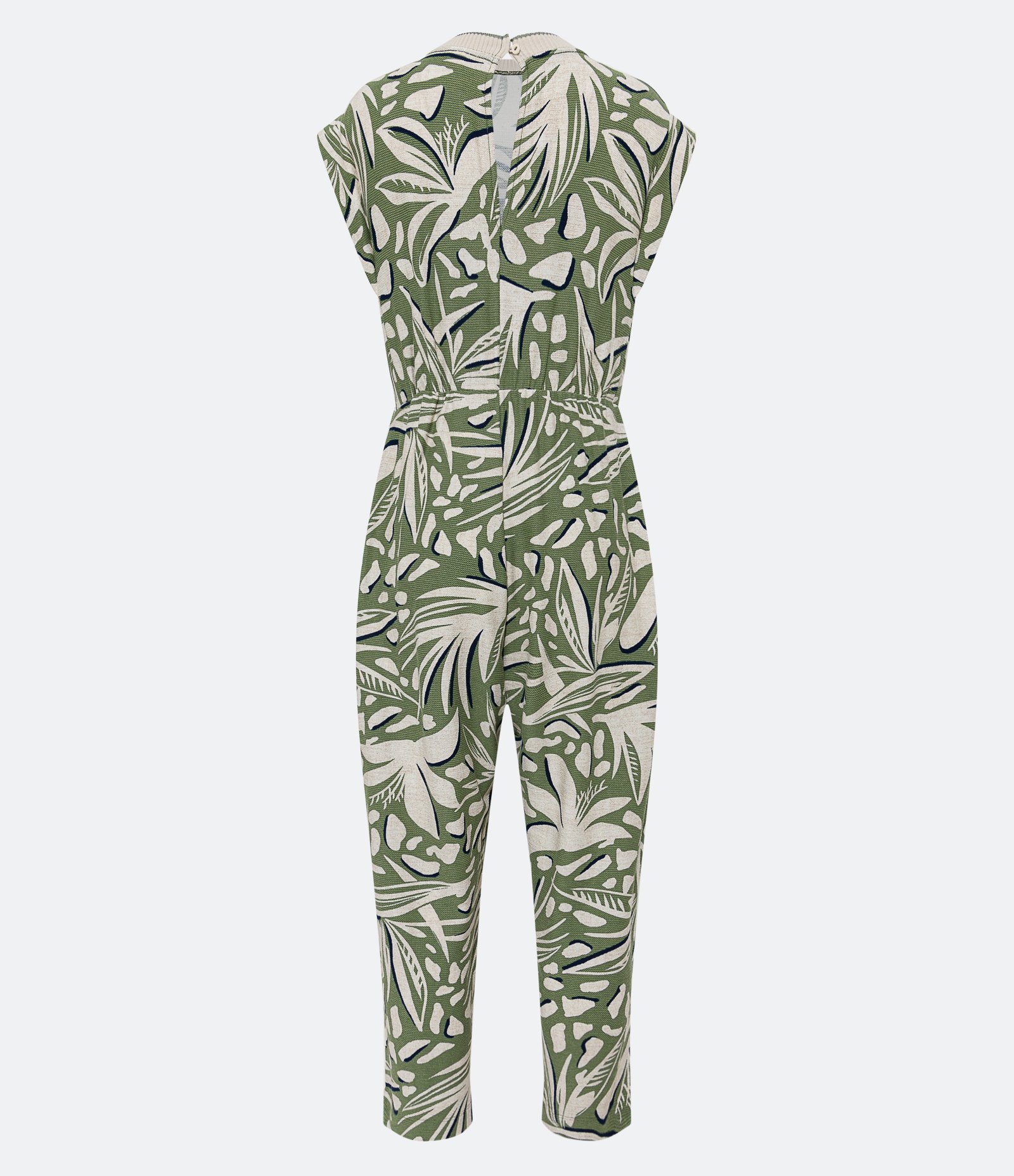 Macacão Jogger Sem Manga em Viscose com Folhagens Estampadas Verde/Bege 3