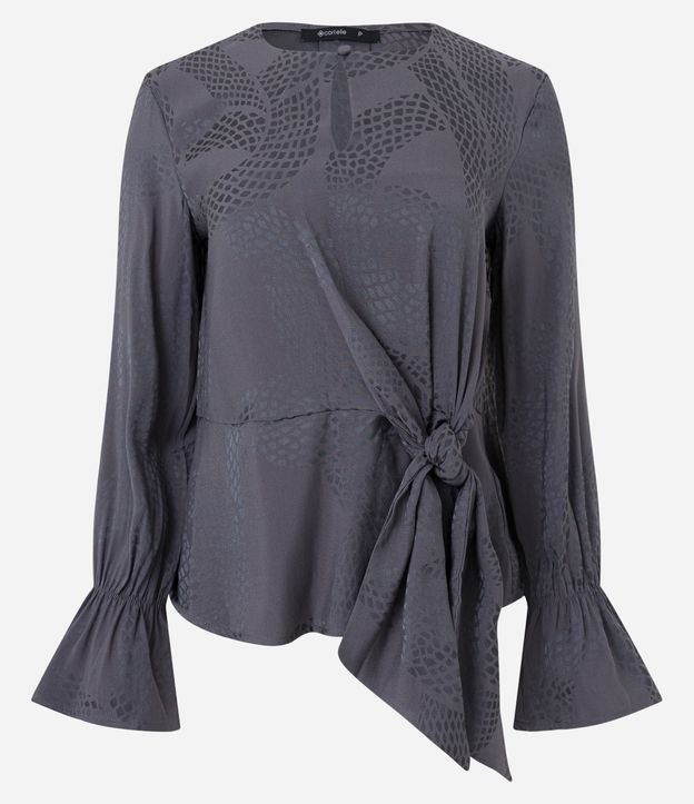 Blusa Em Viscose Jacquard Cobra Manga Bufante E Amarra O Frontal Cinza