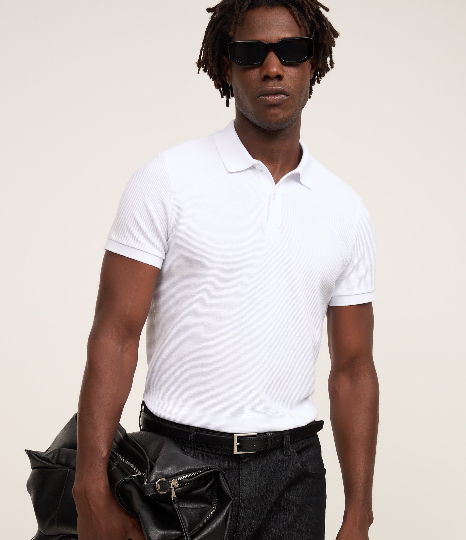 Camisa Polo Slim com Botões e Textura Canelada Branco 1