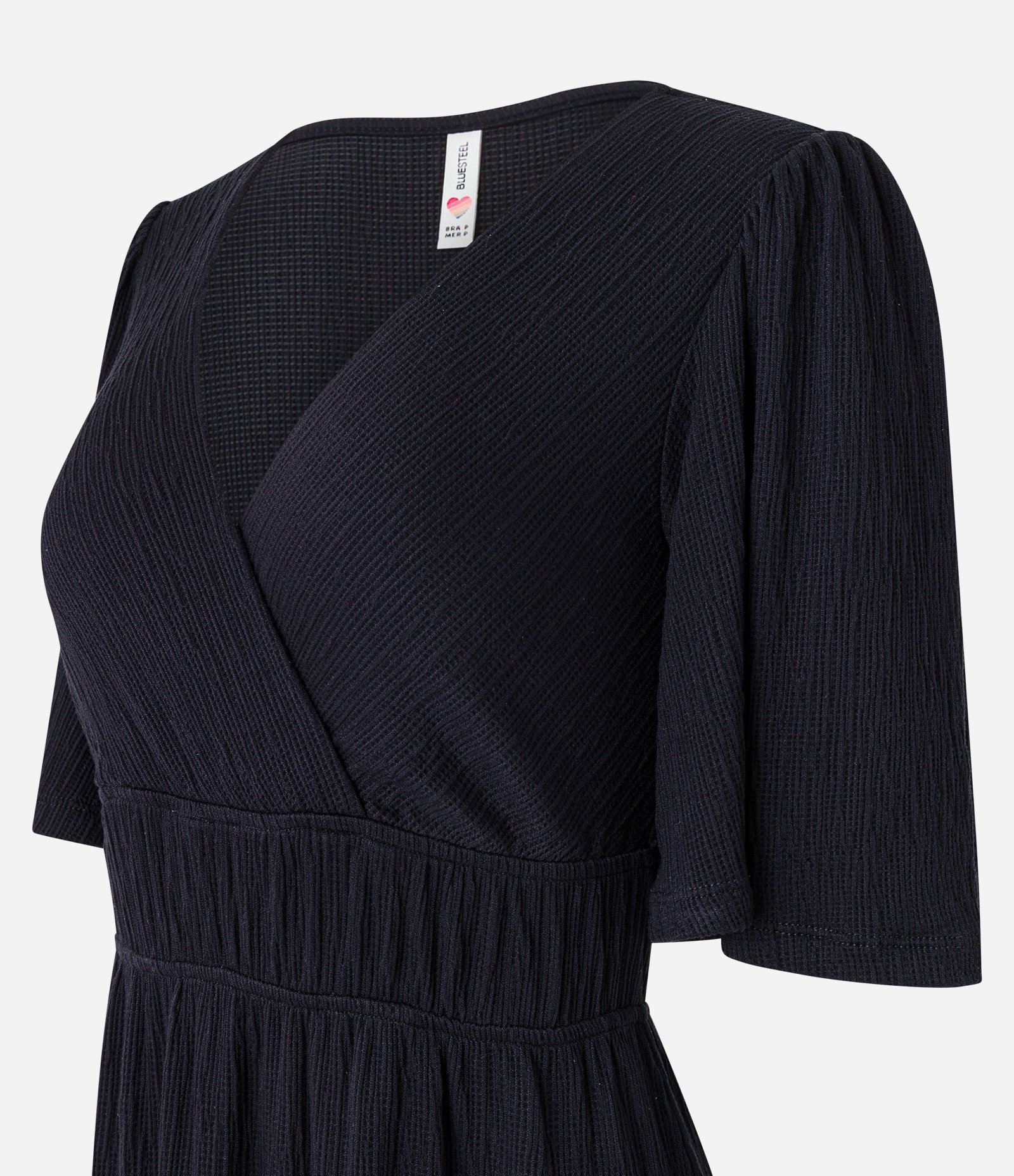 Vestido Curto Texturizado com Manga Godê e Decote Transpassado Preto 2