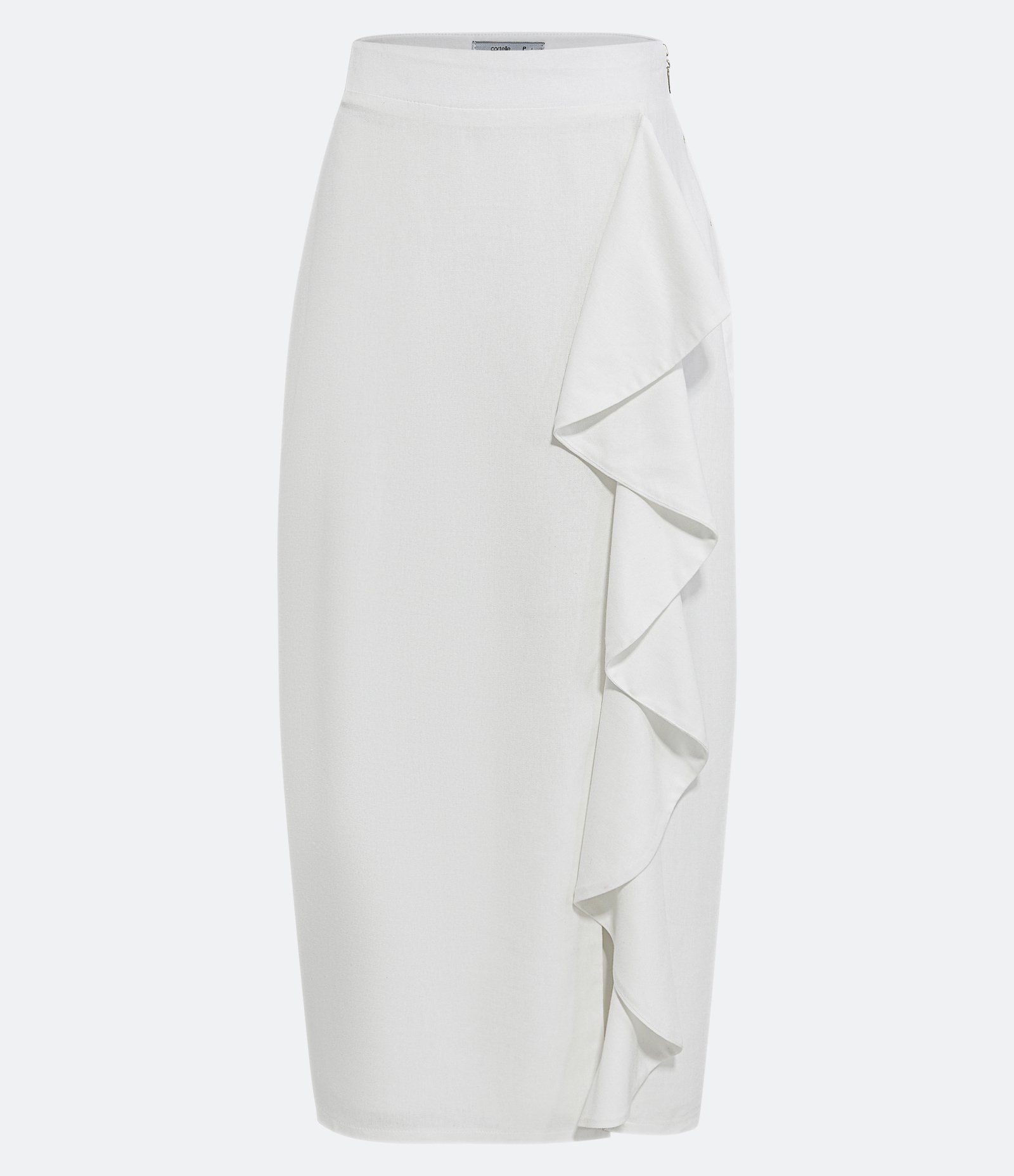 Saia Midi Reta em Linho com Fenda e Babado Aplicado Off White 5