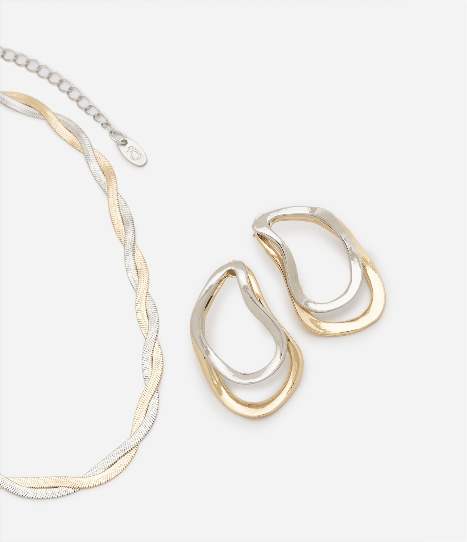 Conjunto de Brinco e Colar com Formato Orgânico Duplo Dourado/Prata 1