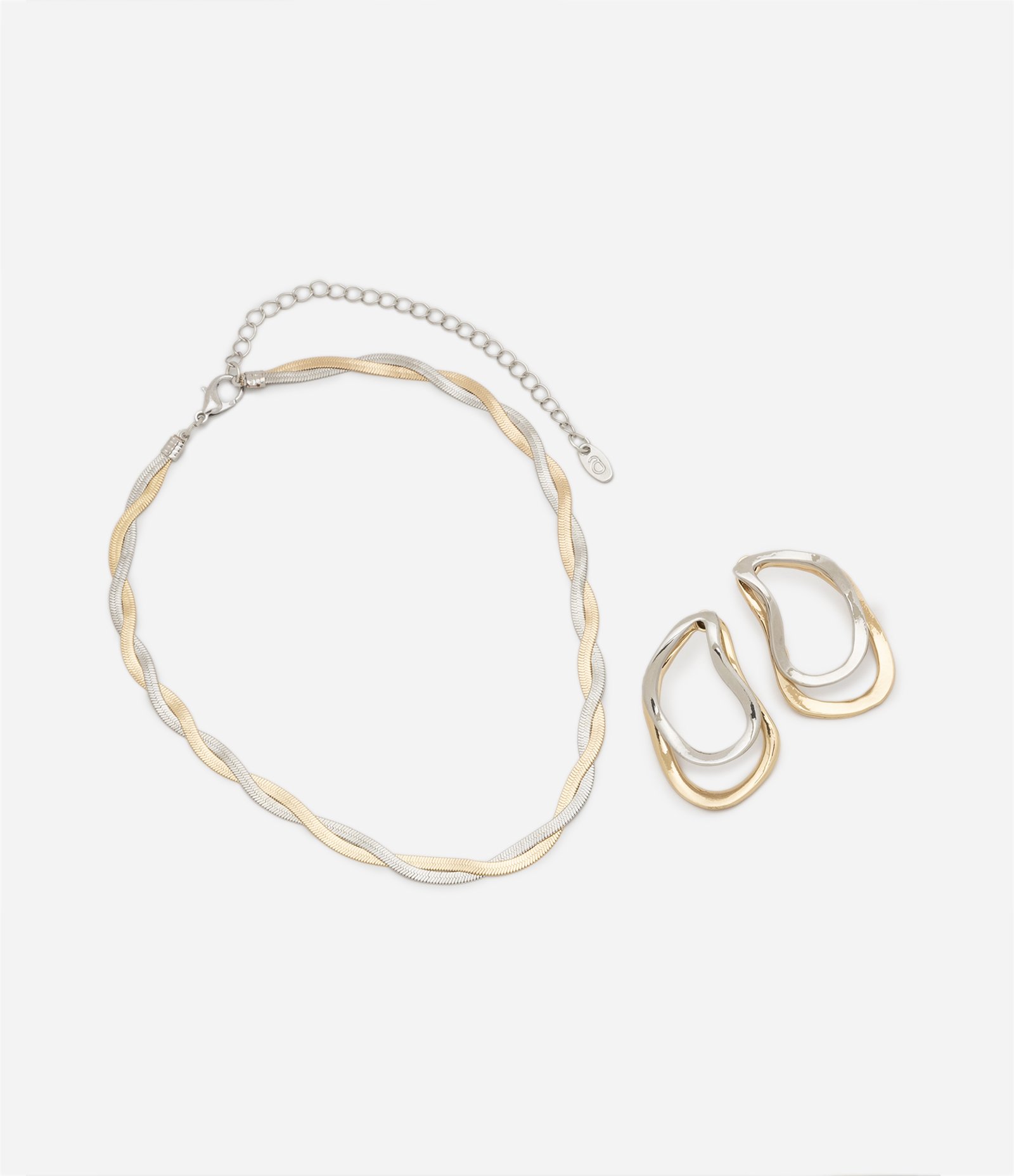 Conjunto de Brinco e Colar com Formato Orgânico Duplo Dourado/Prata 2