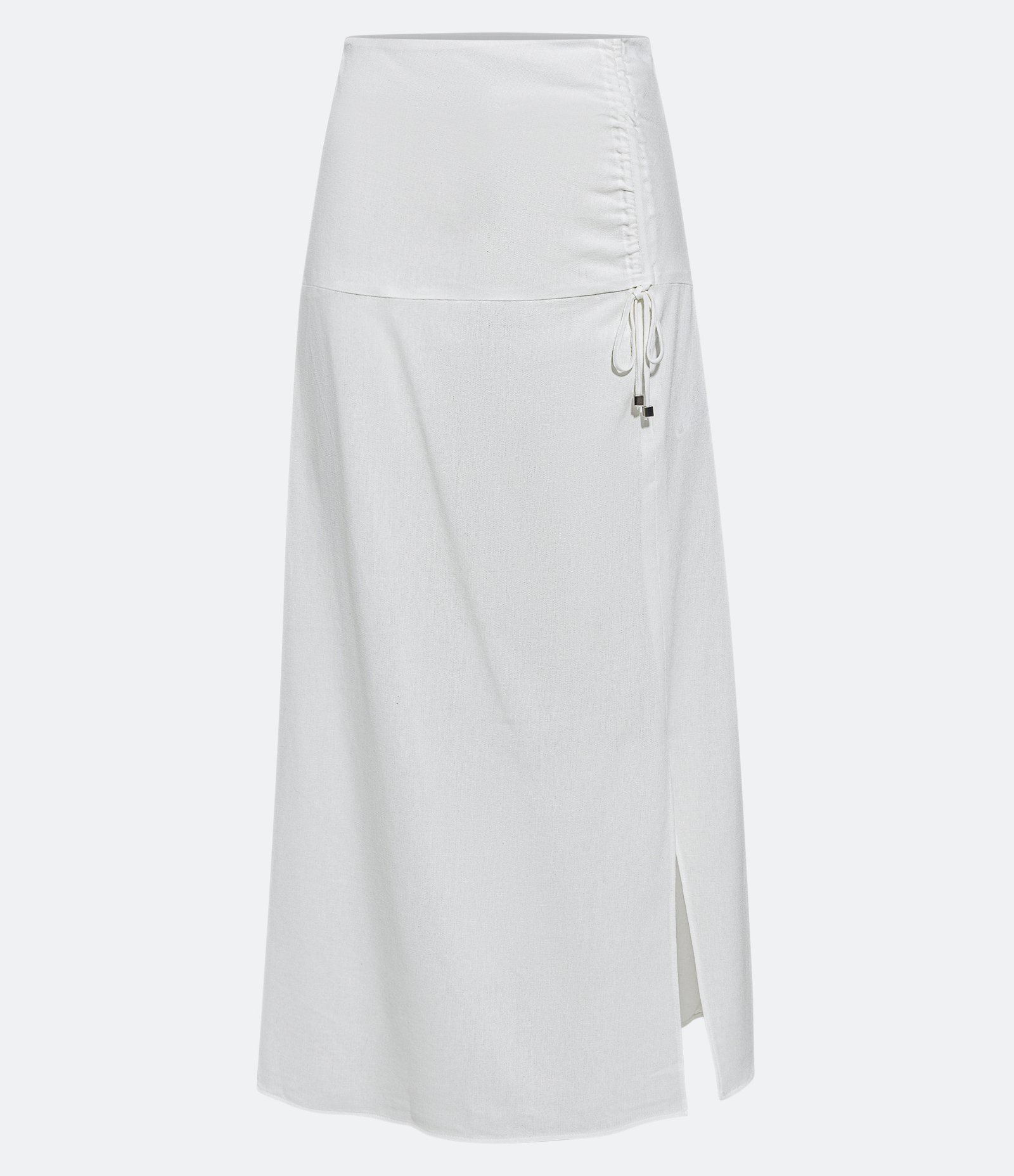 Saia Midi em Linho com Franzido com Amarração e Fenda Off White 5