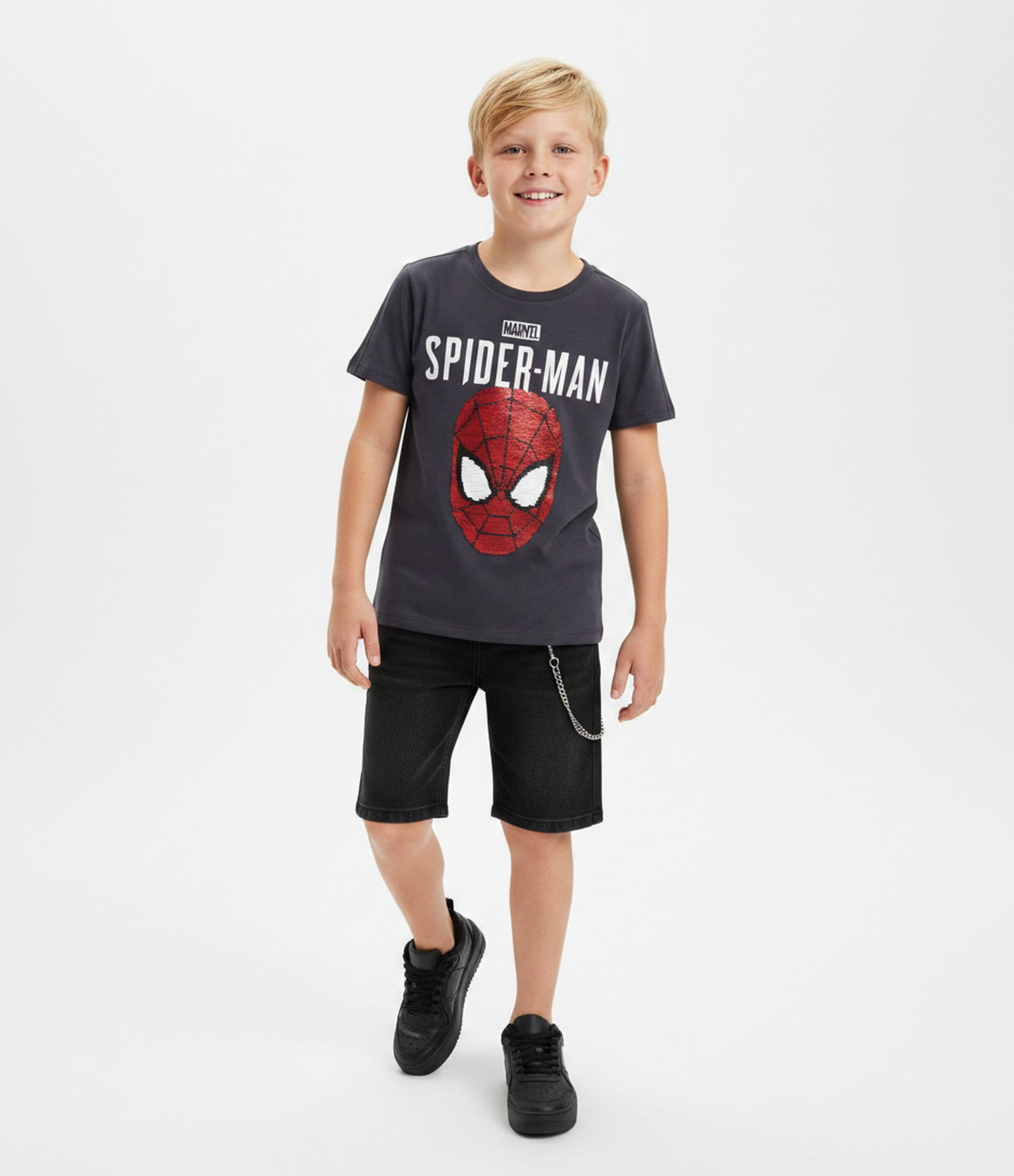 Camiseta Infantil com Estampa Paetê Interativa do Homem Aranha - Tam 3 a 8 anos Cinza 1