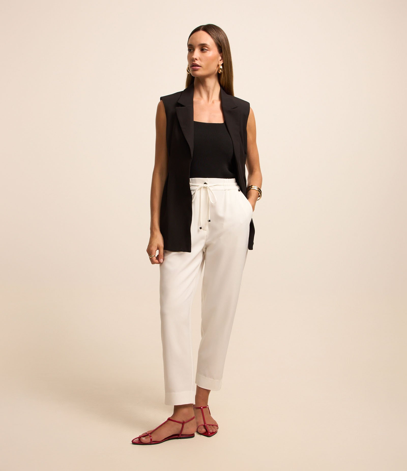 Calça em Crepe com Amarração Frontal no Cós Branco Neve 1