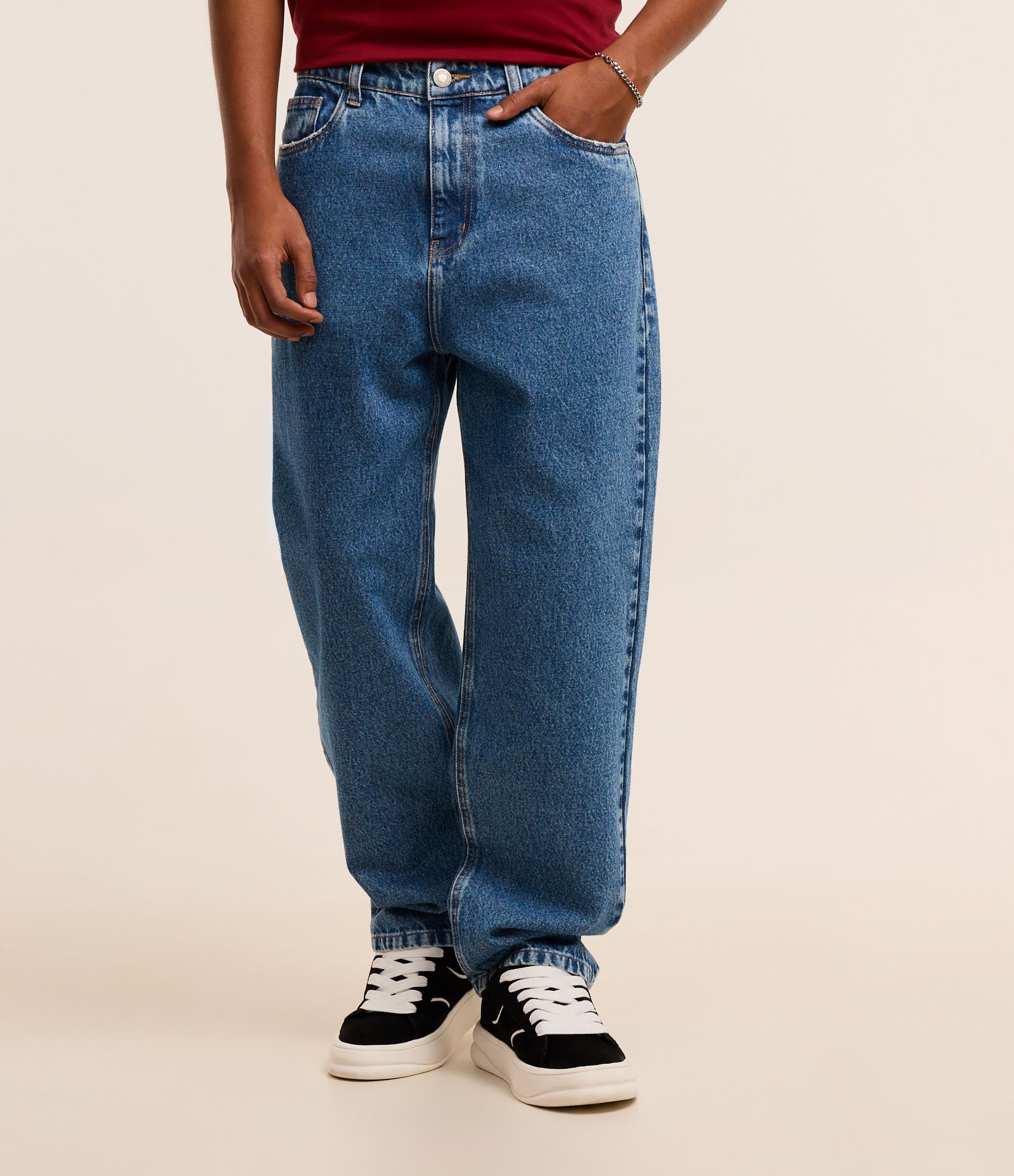 Calça Baggy em Jeans Vintage Azul Médio 1
