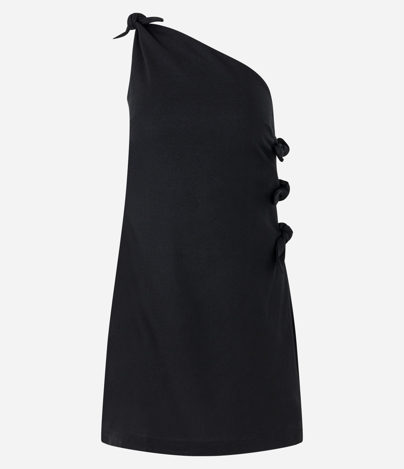 Vestido Curto em Linho com Um Ombro Só e Lacinhos Laterais Preto 5