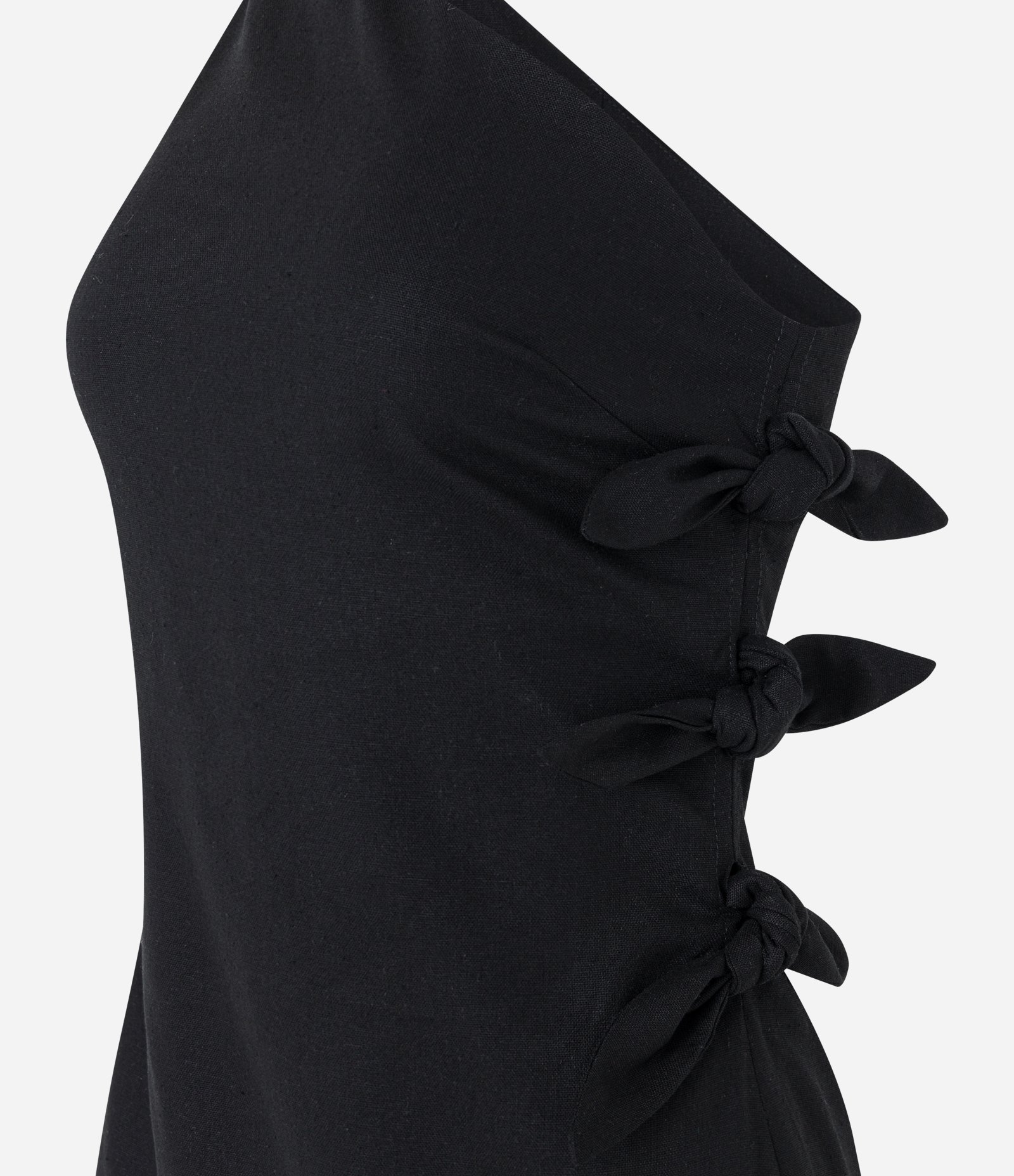 Vestido Curto em Linho com Um Ombro Só e Lacinhos Laterais Preto 6