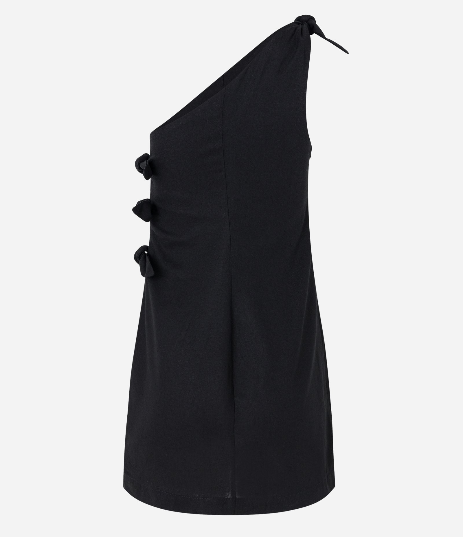 Vestido Curto em Linho com Um Ombro Só e Lacinhos Laterais Preto 7
