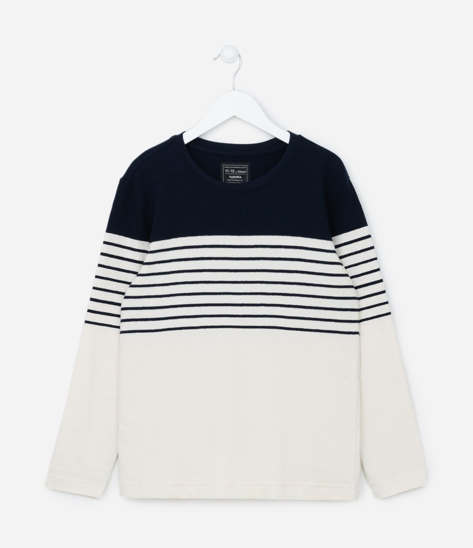 Camiseta Infantil Listradas com Bloco de Cores - Tam 5 a 14 anos Branco/Azul Marinho 1