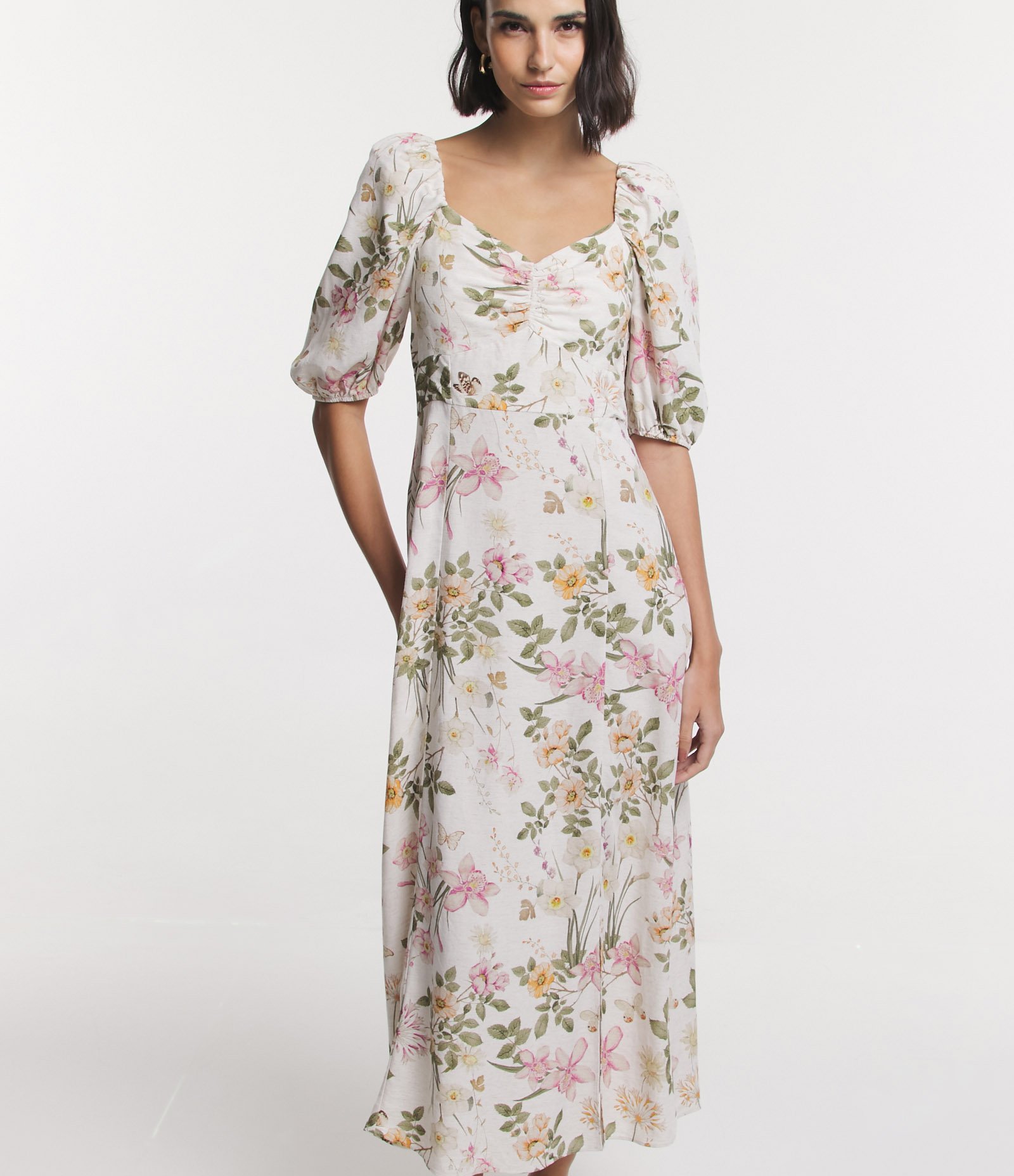 Vestido Midi em Viscolinho com Busto Franzido e Estampa Floral Off White 1