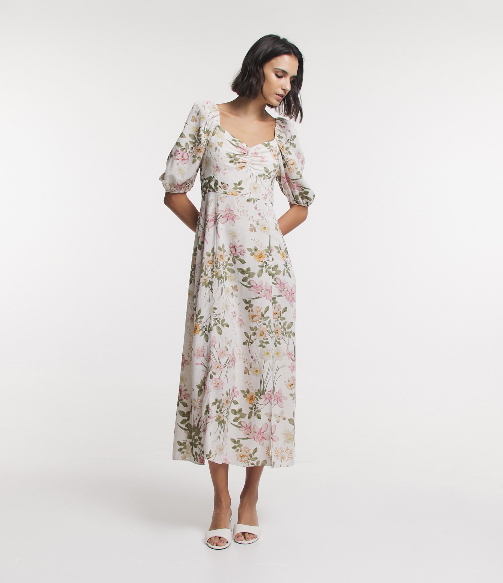 Vestido Midi em Viscolinho com Busto Franzido e Estampa Floral Off White 2