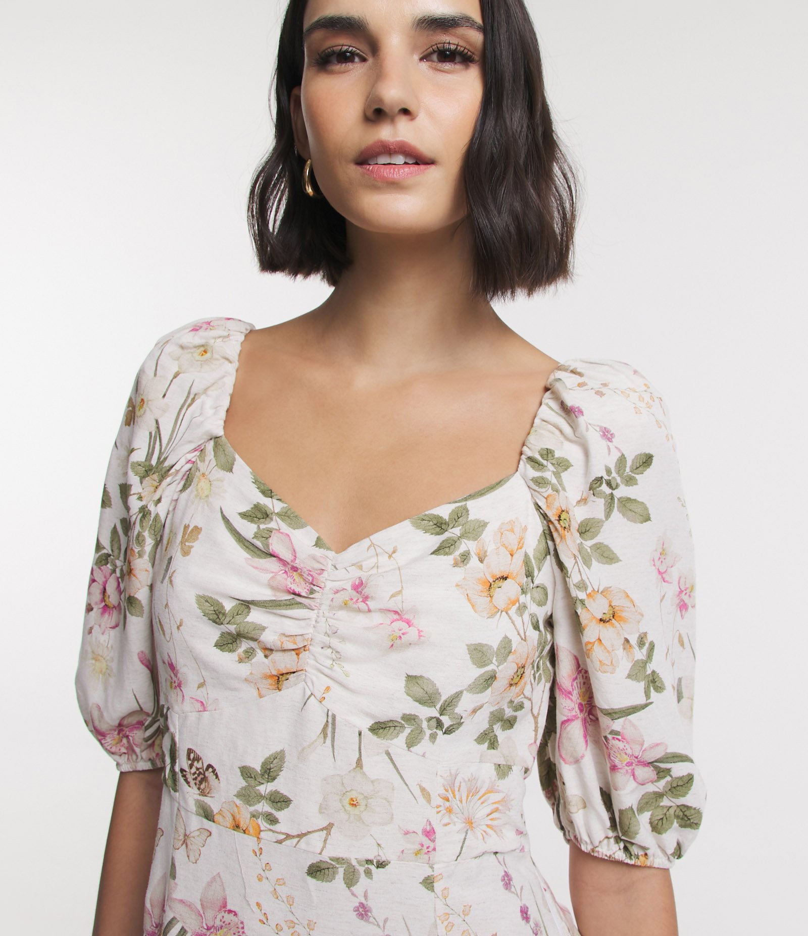 Vestido Midi em Viscolinho com Busto Franzido e Estampa Floral Off White 3