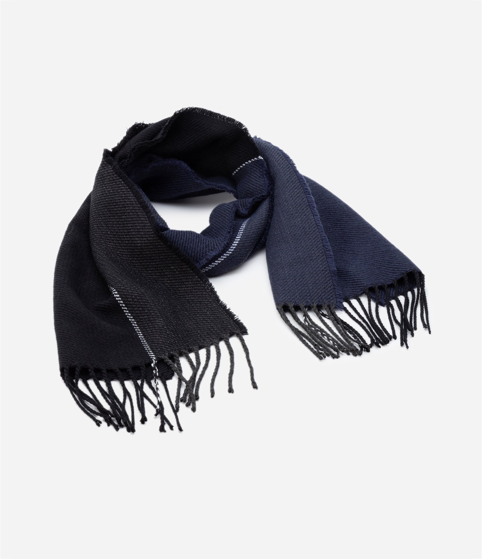 Cachecol em Lã Acrílica com Textura Sarjada e Franjas Azul/ Cinza 2