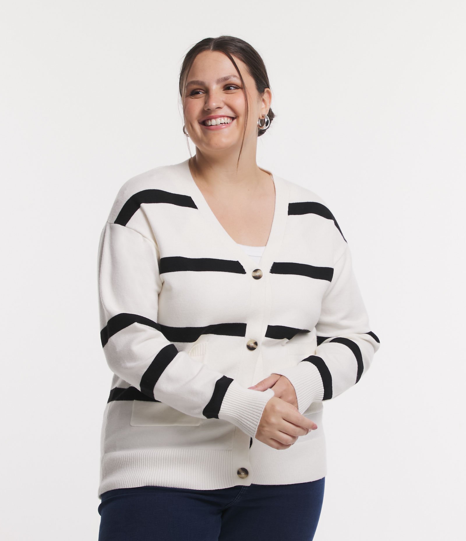 Cardigan em Tricô Listrado com Bolsos Curve & Plus Size Off White 1