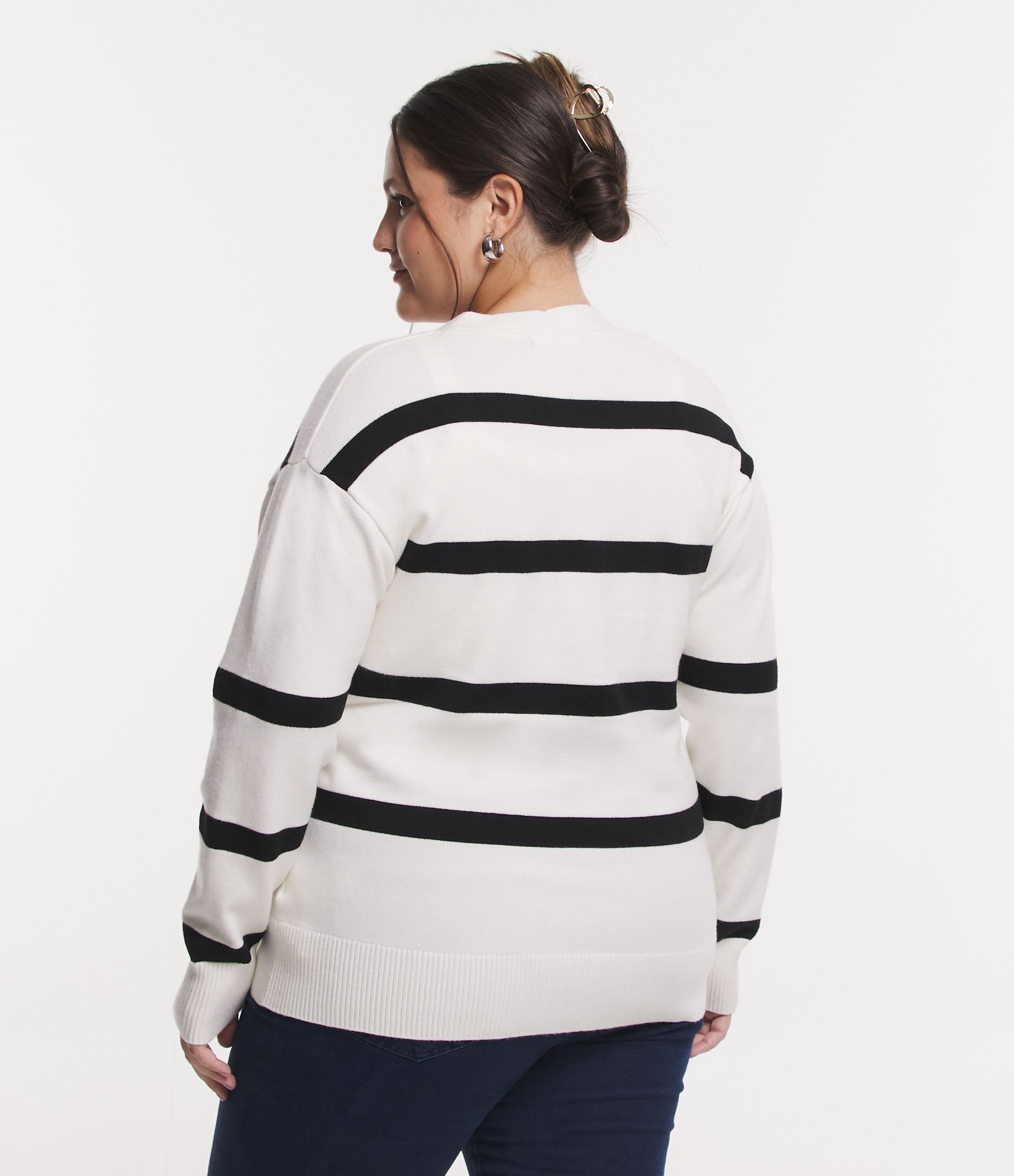 Cardigan em Tricô Listrado com Bolsos Curve & Plus Size Off White 3