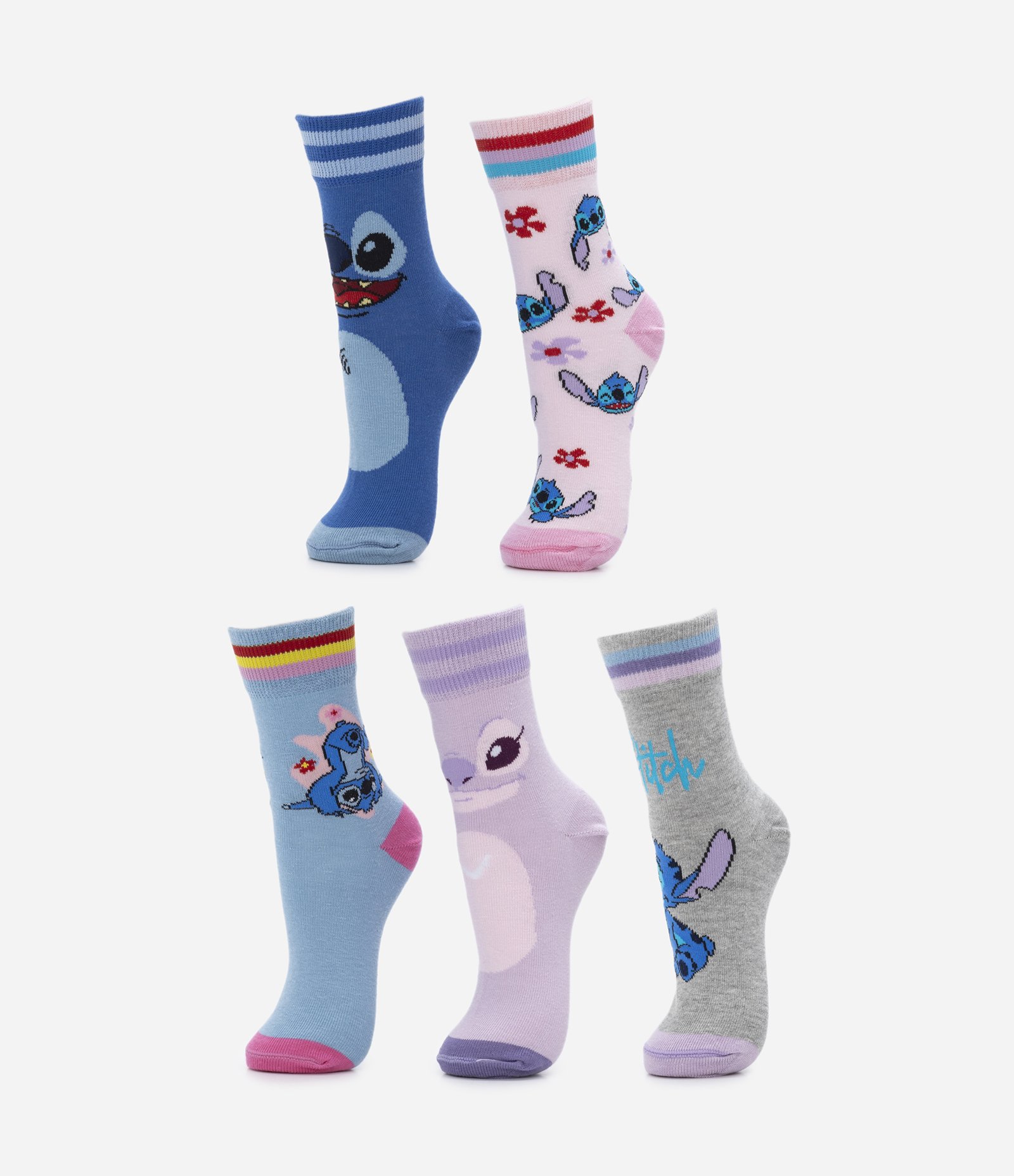 Kit 05 Pares de Meia Cano Médio com Estampa Stitch e Angel - Tam 23/26 ao 31/34 Multicores 1