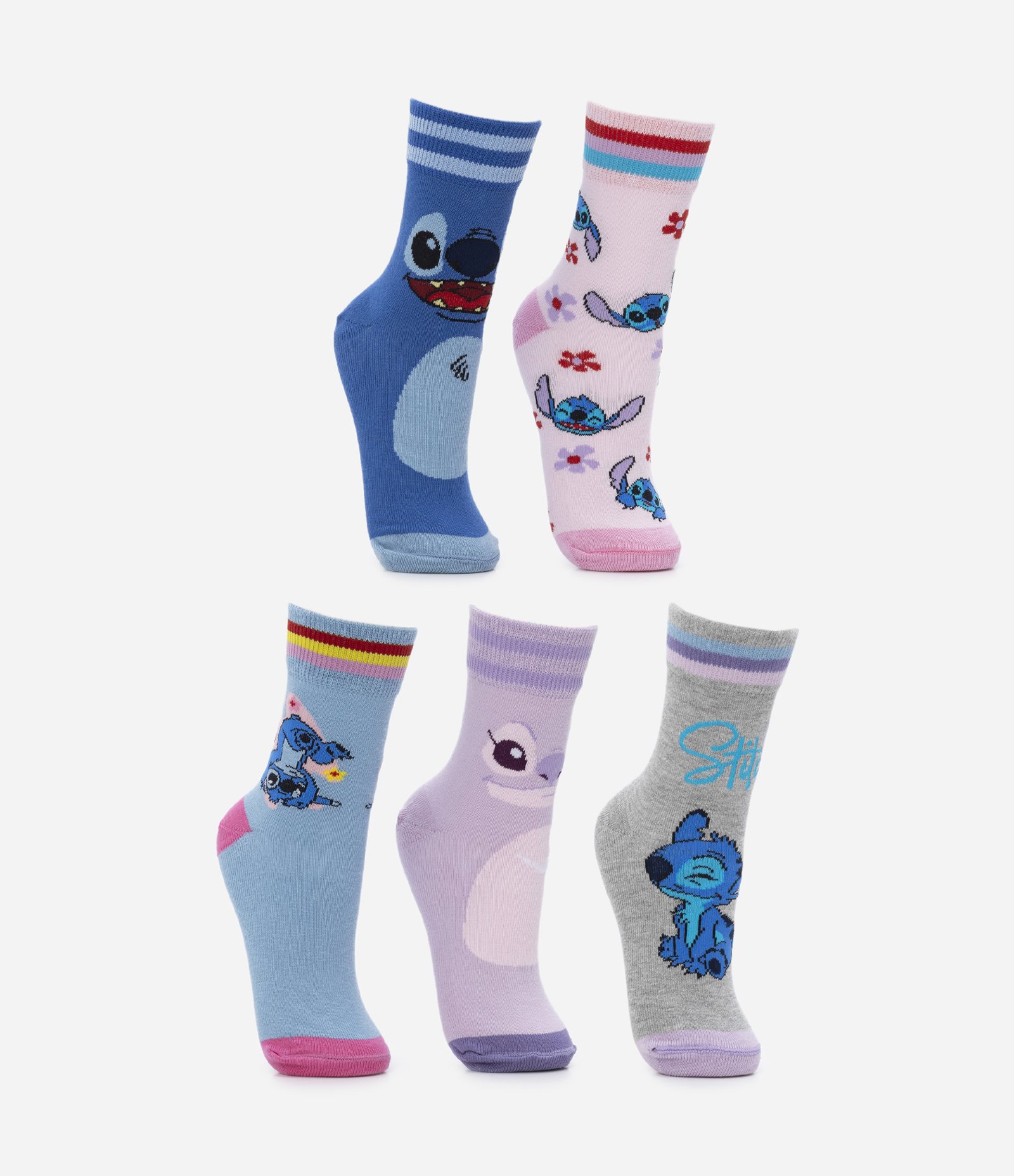 Kit 05 Pares de Meia Cano Médio com Estampa Stitch e Angel - Tam 23/26 ao 31/34 Multicores 2