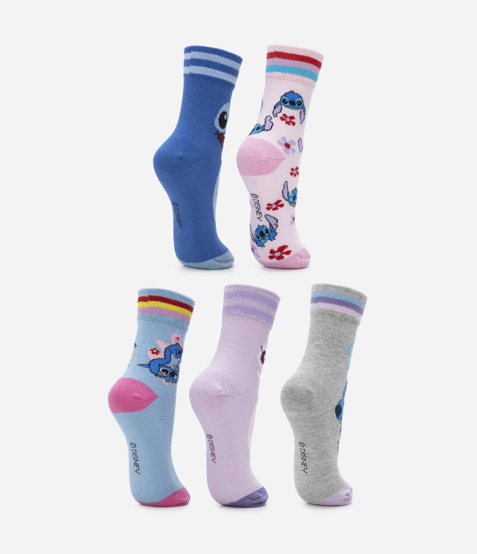 Kit 05 Pares de Meia Cano Médio com Estampa Stitch e Angel - Tam 23/26 ao 31/34 Multicores 3