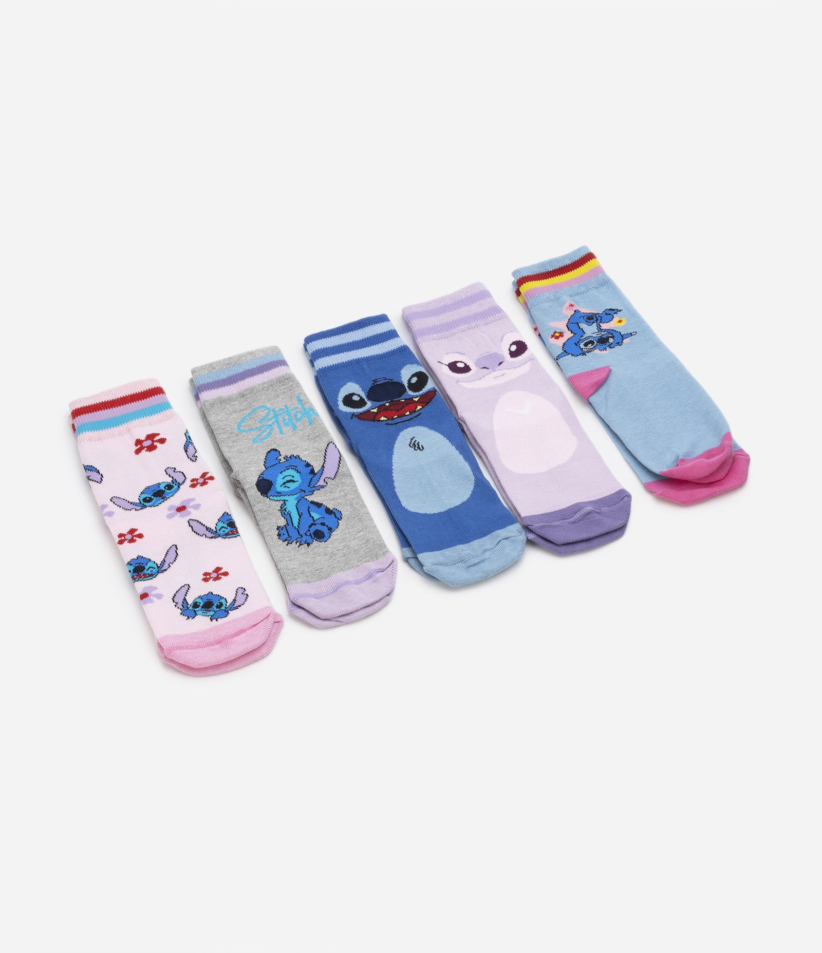 Kit 05 Pares de Meia Cano Médio com Estampa Stitch e Angel - Tam 23/26 ao 31/34 Multicores 5