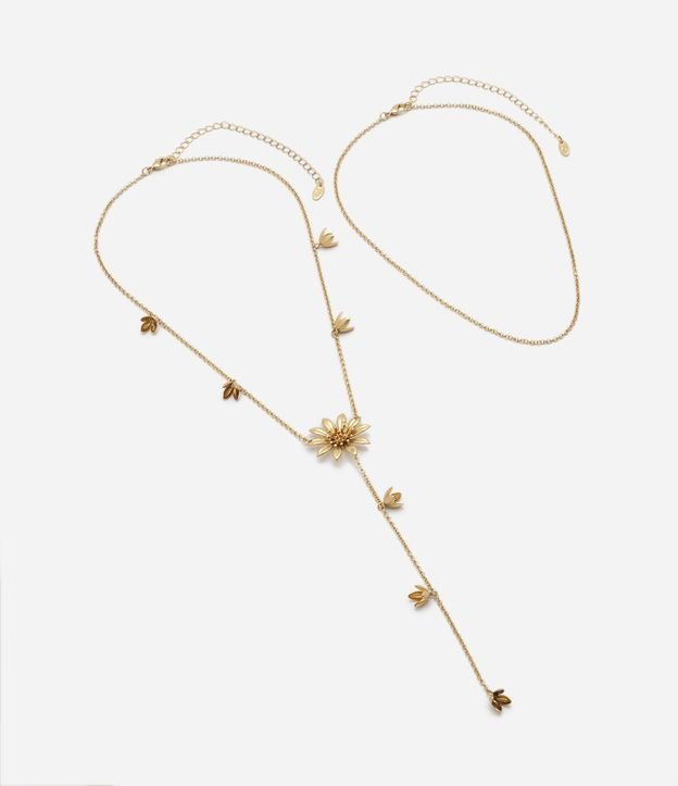 Colar Camadas Em Metal Pingente Flores Dourado