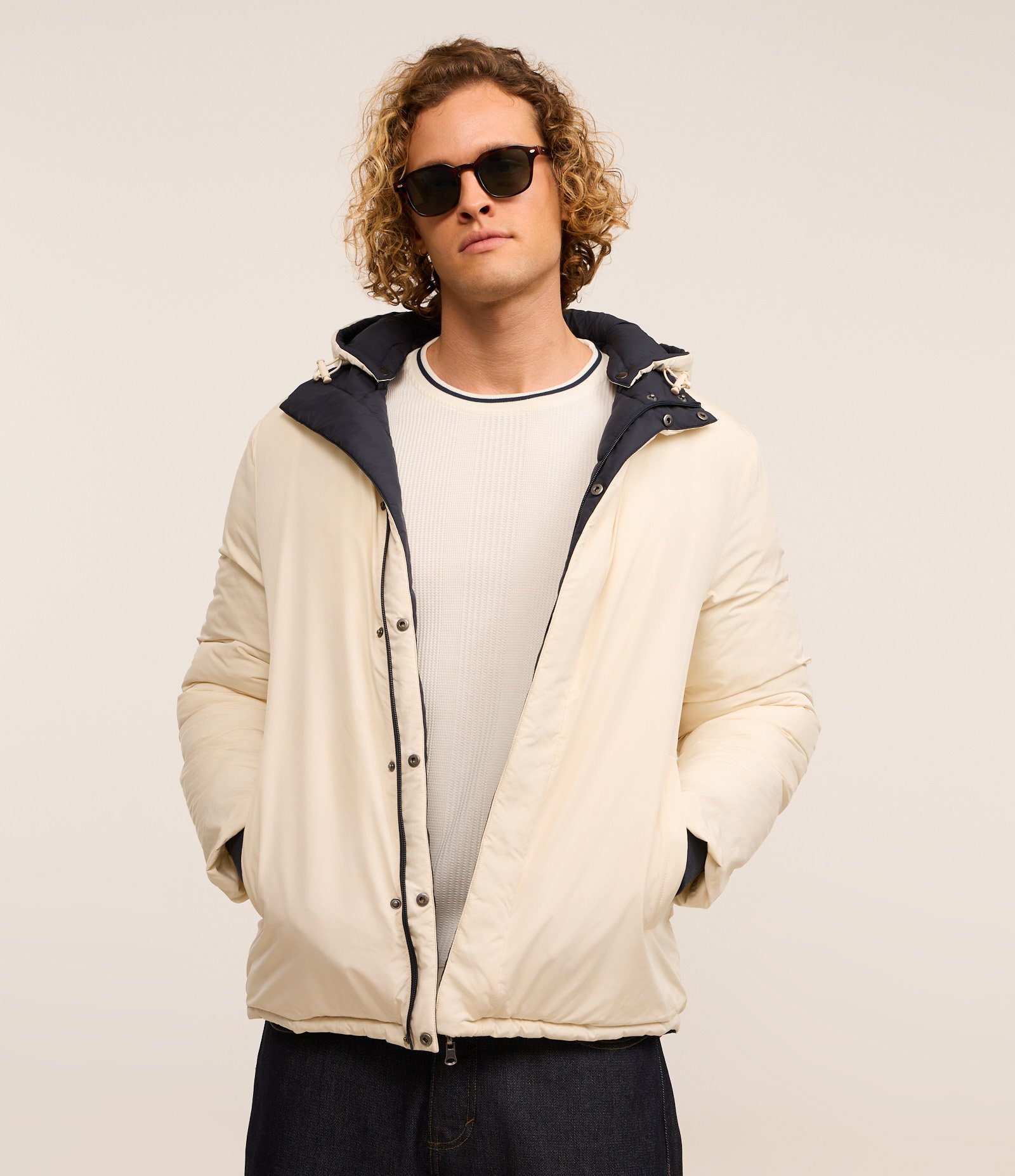 Jaqueta Puffer Dupla Face com Capuz e Gola Alta Azul/ Off White 8