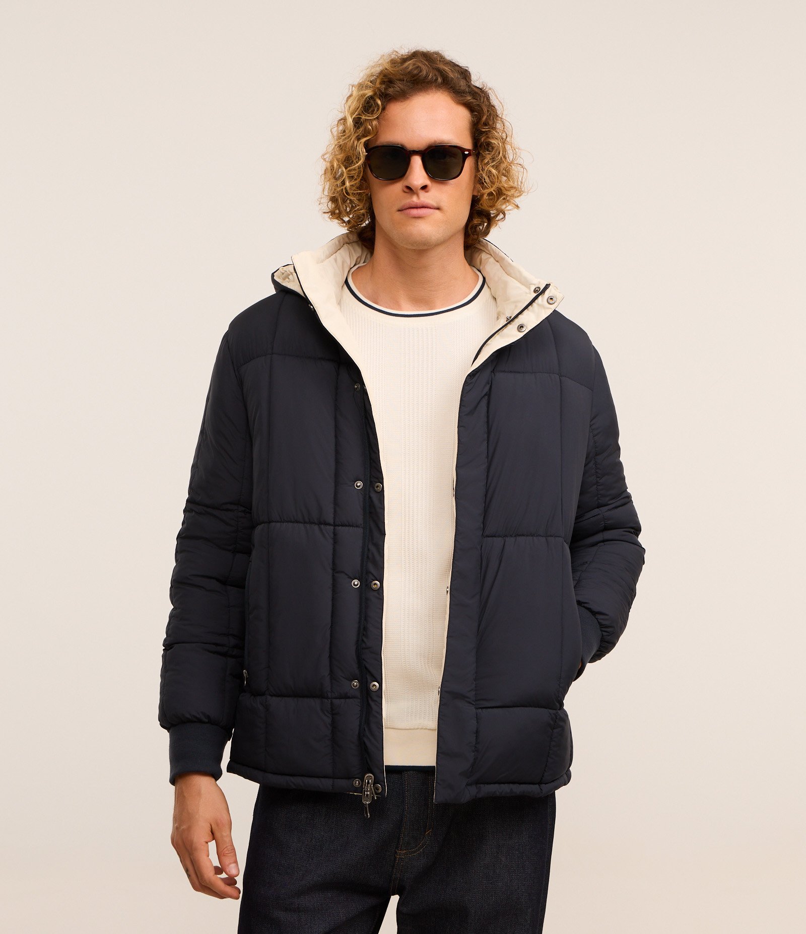 Jaqueta Puffer Dupla Face com Capuz e Gola Alta Azul/ Off White 1