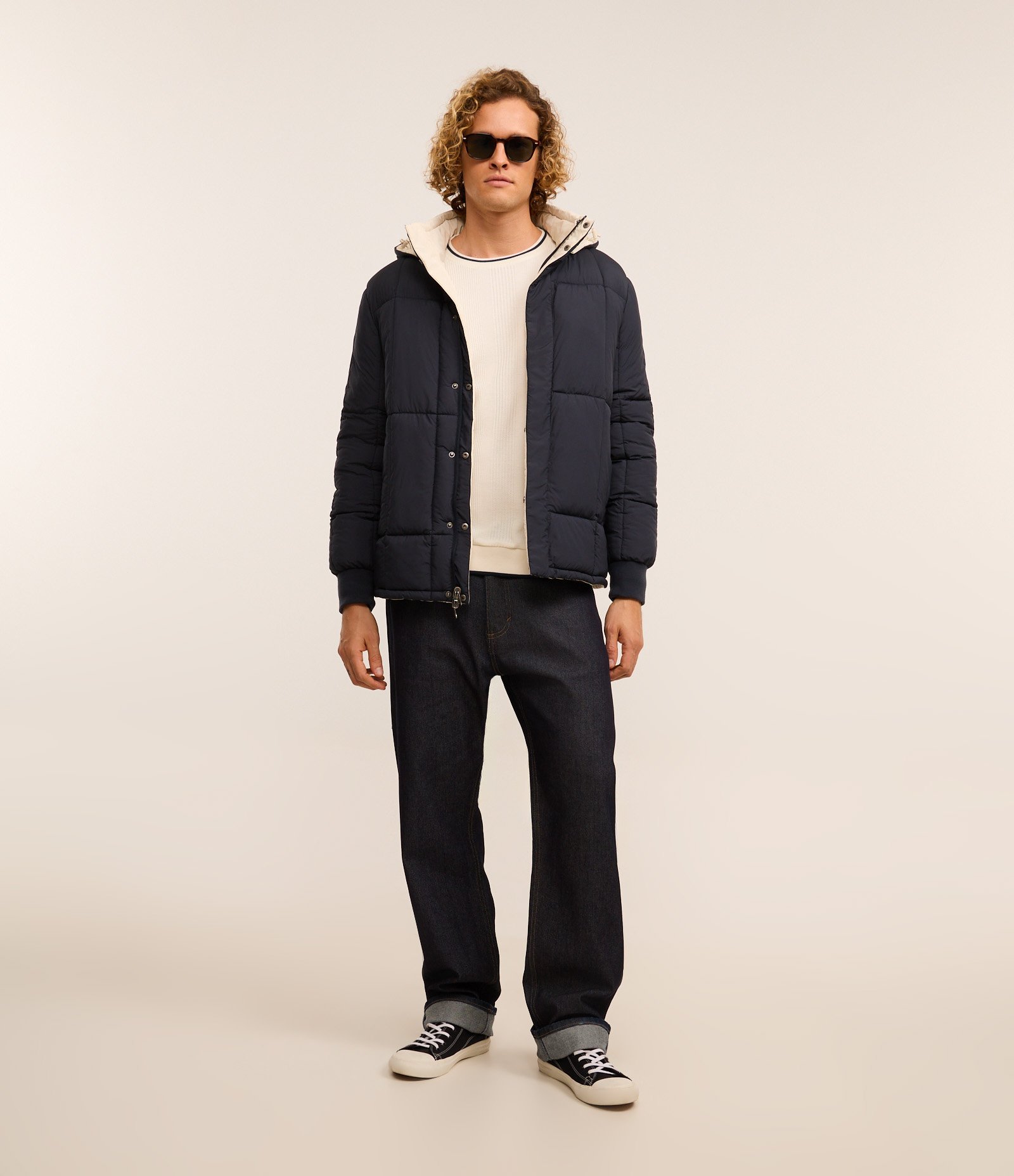 Jaqueta Puffer Dupla Face com Capuz e Gola Alta Azul/ Off White 2