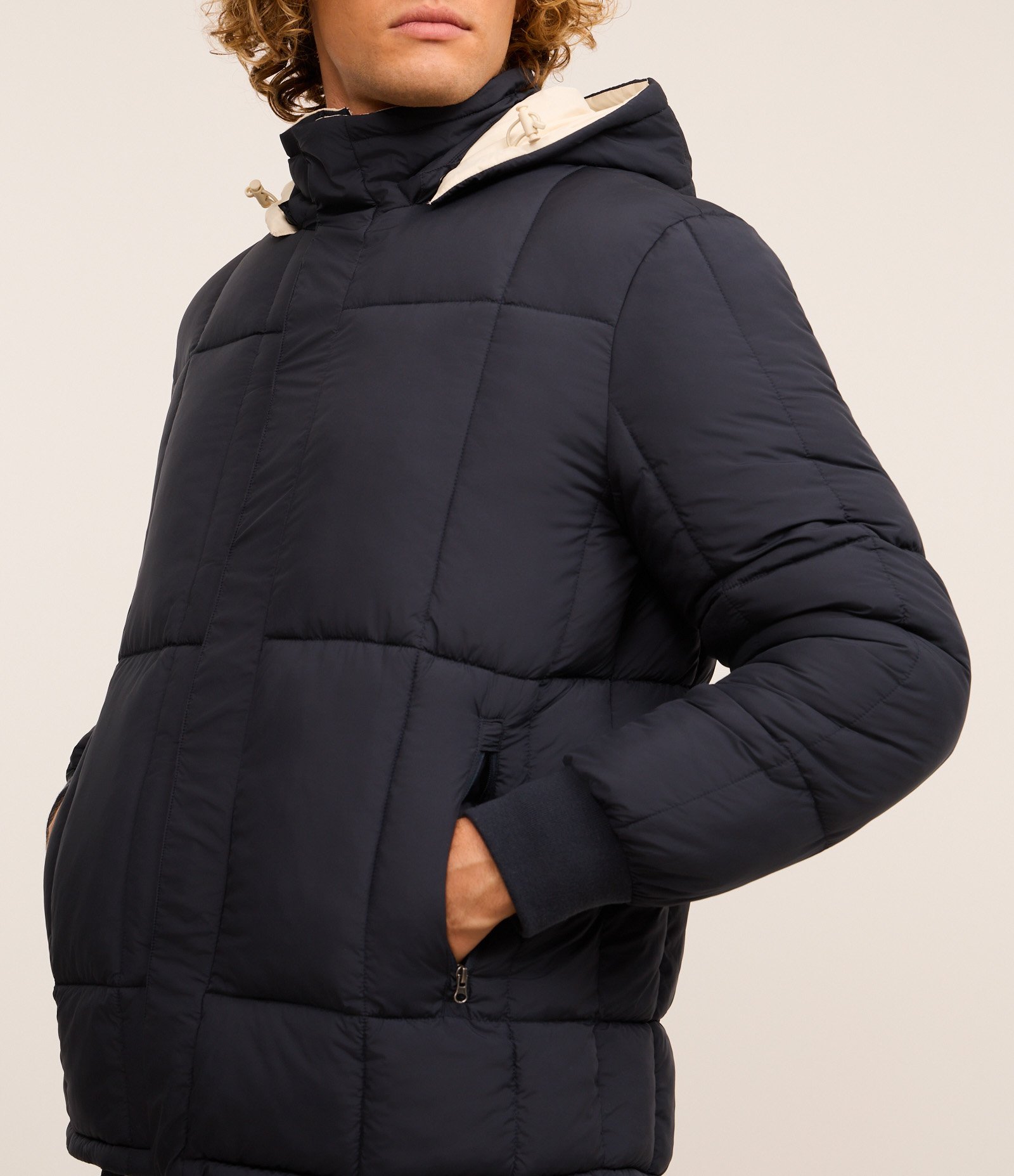 Jaqueta Puffer Dupla Face com Capuz e Gola Alta Azul/ Off White 3