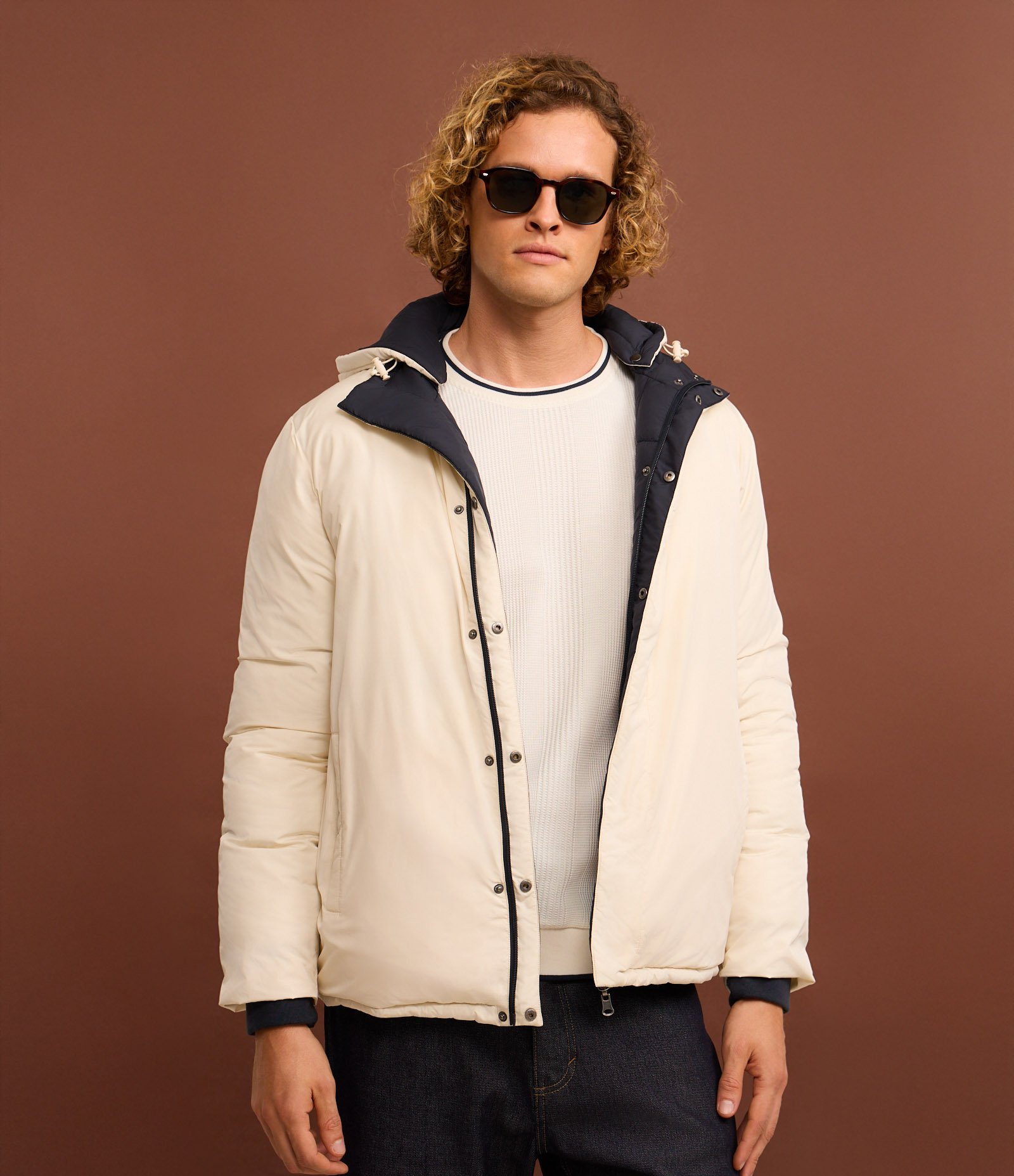 Jaqueta Puffer Dupla Face com Capuz e Gola Alta Azul/ Off White 6