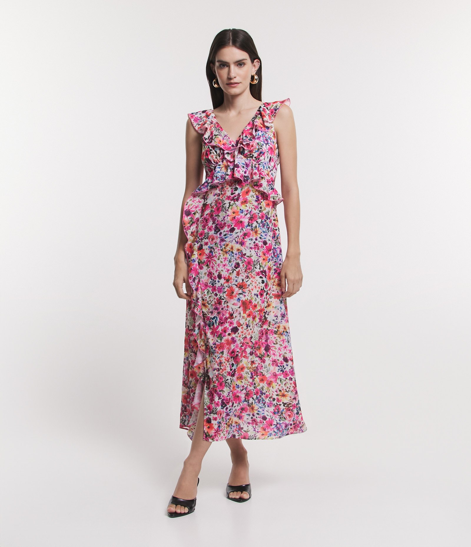 Vestido Midi em Crepe com Estampa Floral e Babados Multicores 1