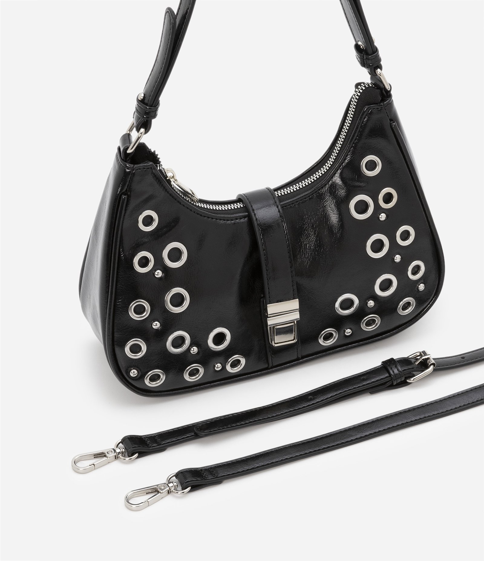 Bolsa Baguete em PU com Detalhes de Ilhós Preto 7