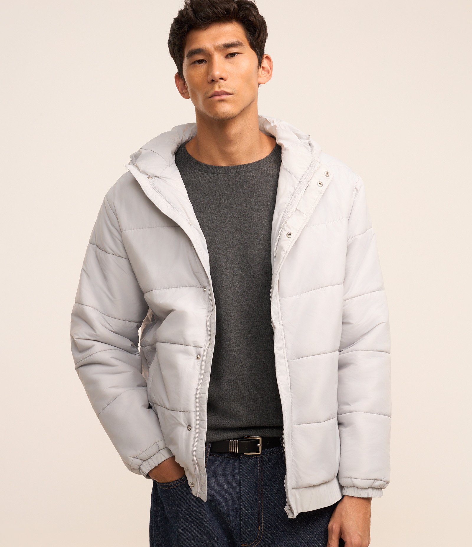 Jaqueta Puffer em Microfibra com Capuz Branco 1