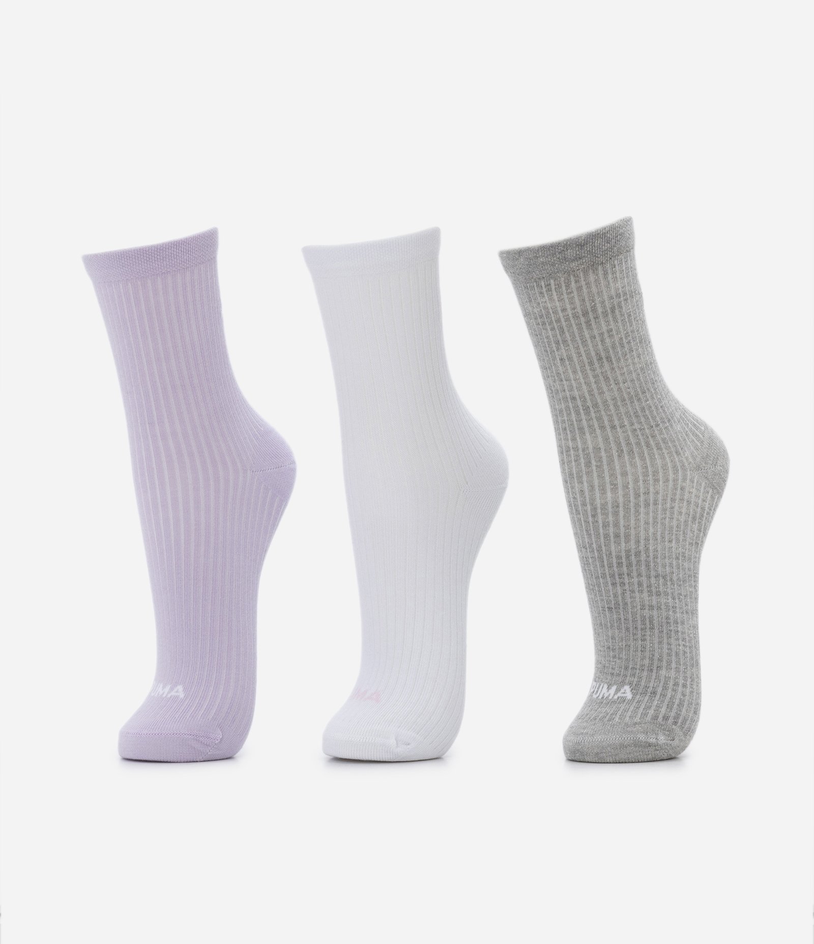 Kit 03 Paras de Meia Cano Médio em Algodão com Textura Canelada Puma Lilás/ Branco/ Cinza 1