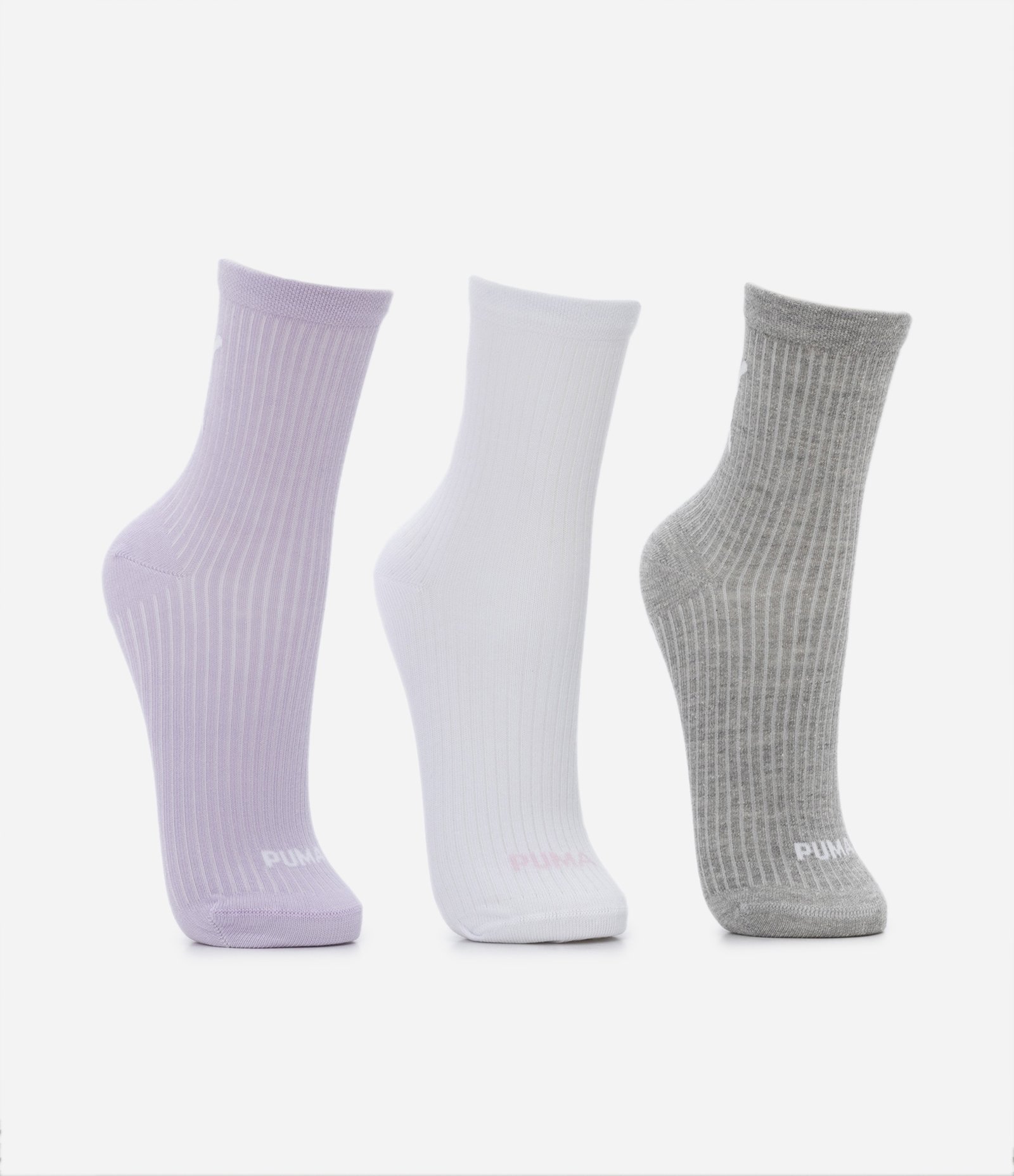 Kit 03 Paras de Meia Cano Médio em Algodão com Textura Canelada Puma Lilás/ Branco/ Cinza 2