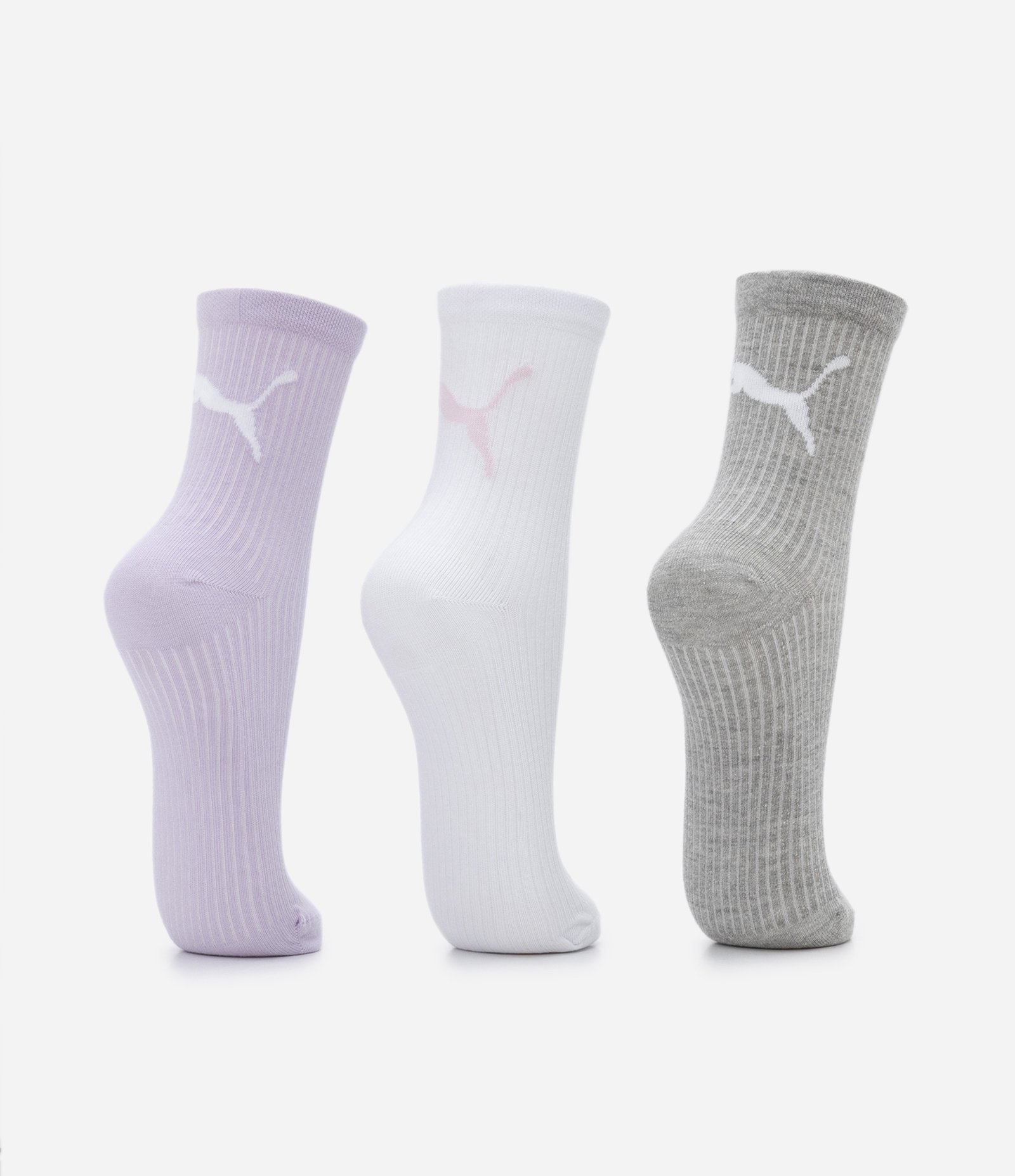 Kit 03 Paras de Meia Cano Médio em Algodão com Textura Canelada Puma Lilás/ Branco/ Cinza 3