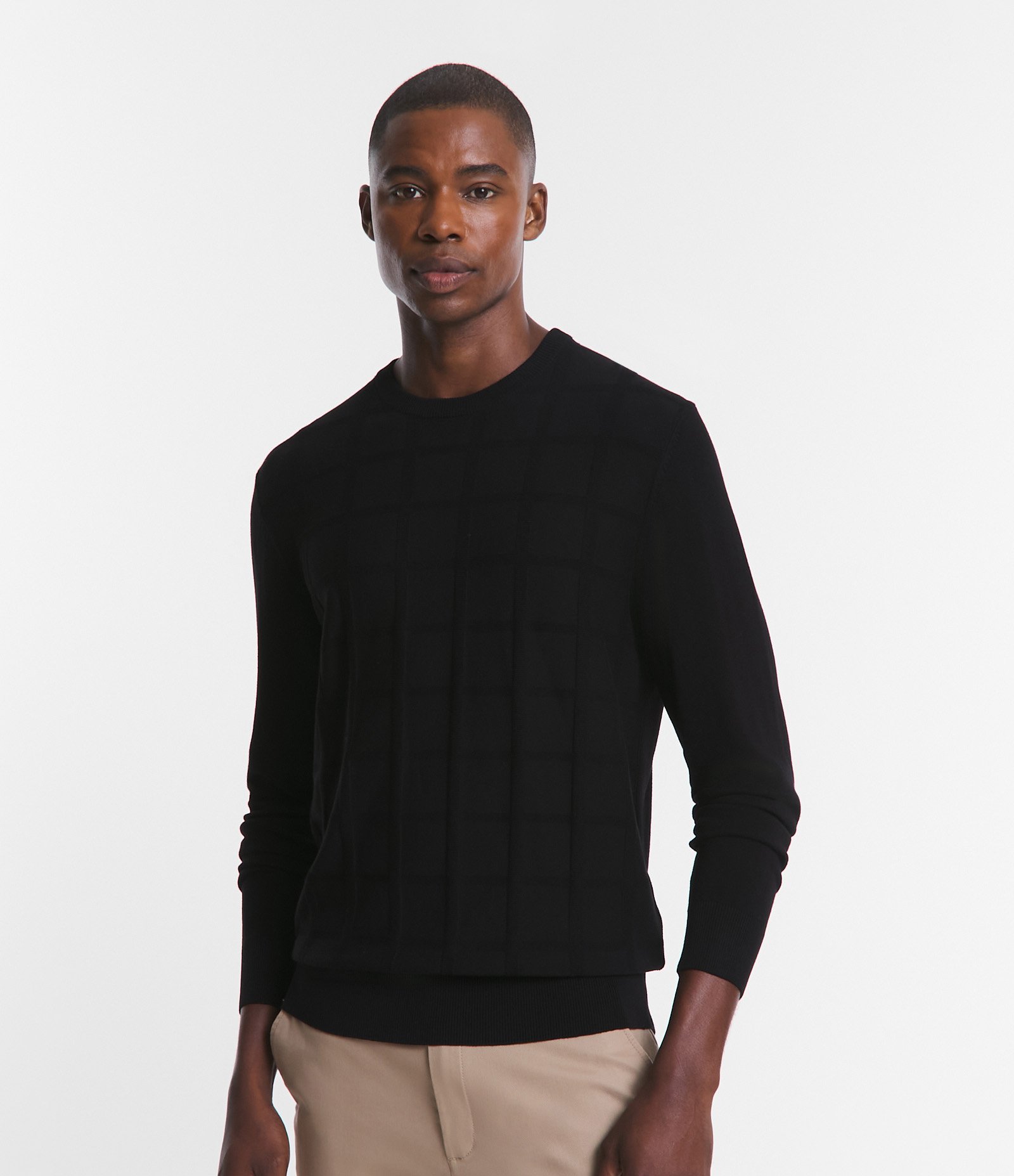 Suéter em Tricô com Textura Quadriculada Preto 1